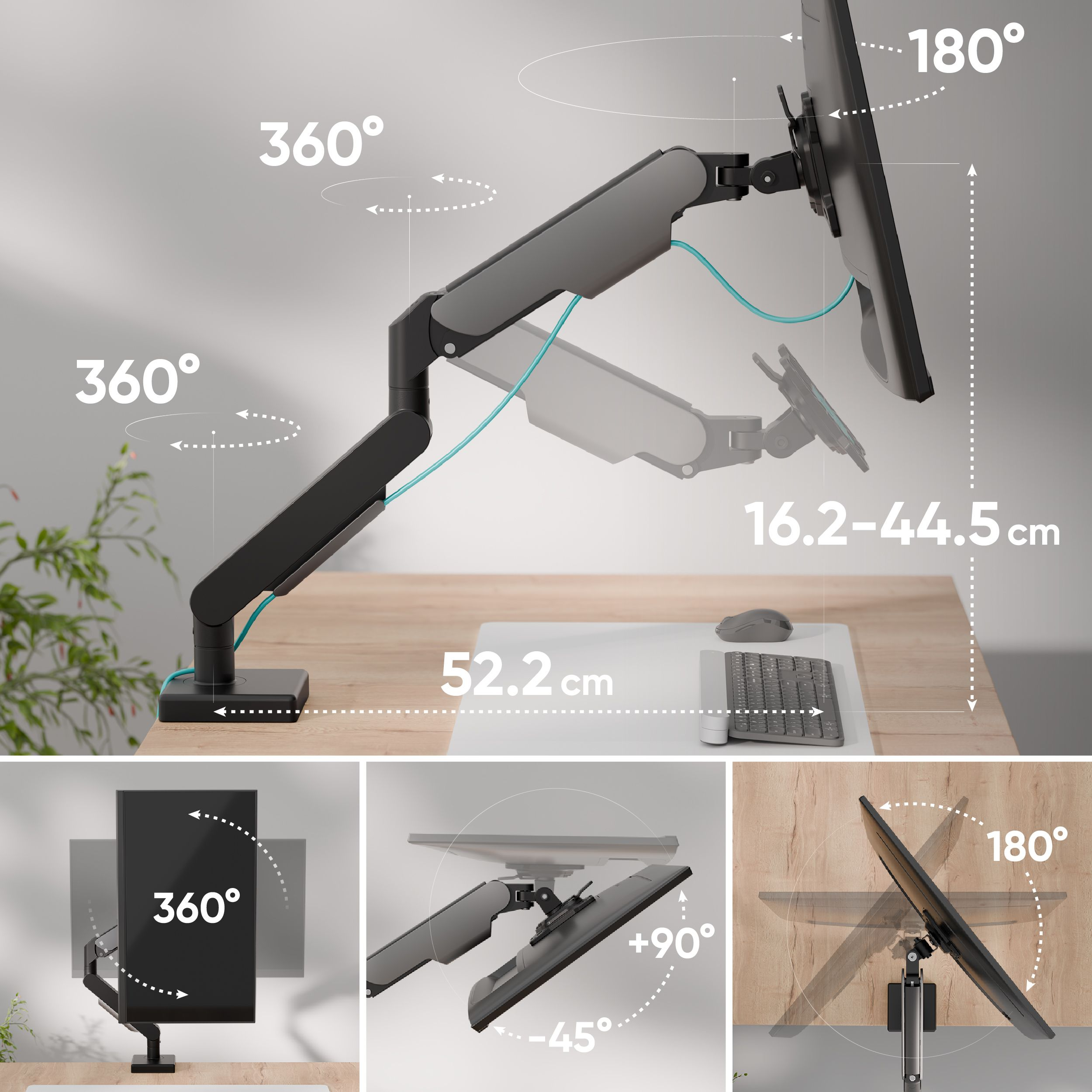 Ramię monitora z obrotem 360 i 180 stopni, z pomiarami i dodatkowymi widokami ramienia.