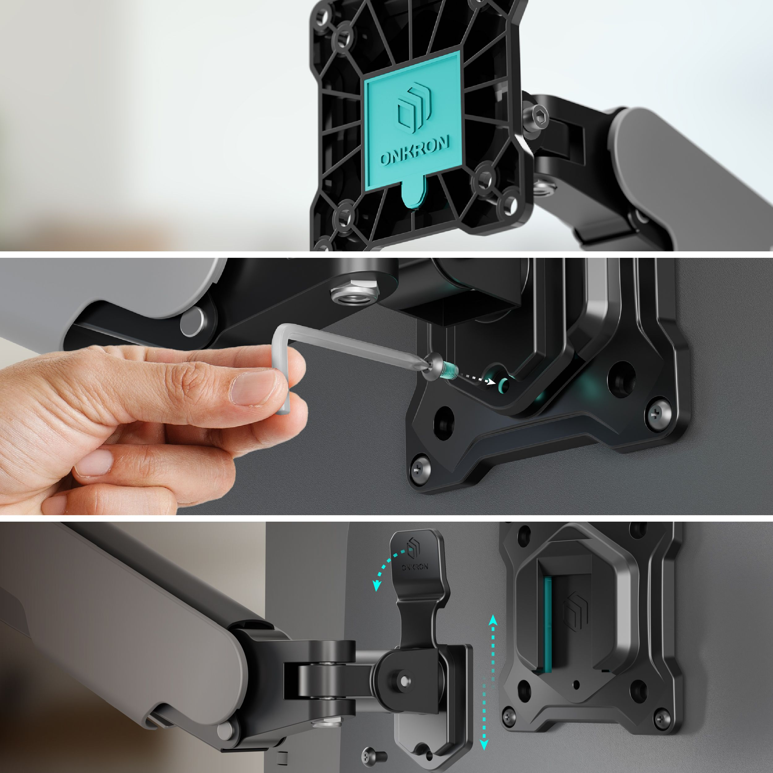 Montowany jest uchwyt do monitora. Ręka używa klucza do dokręcania śruby. Widoczne są czarne i szare elementy.
