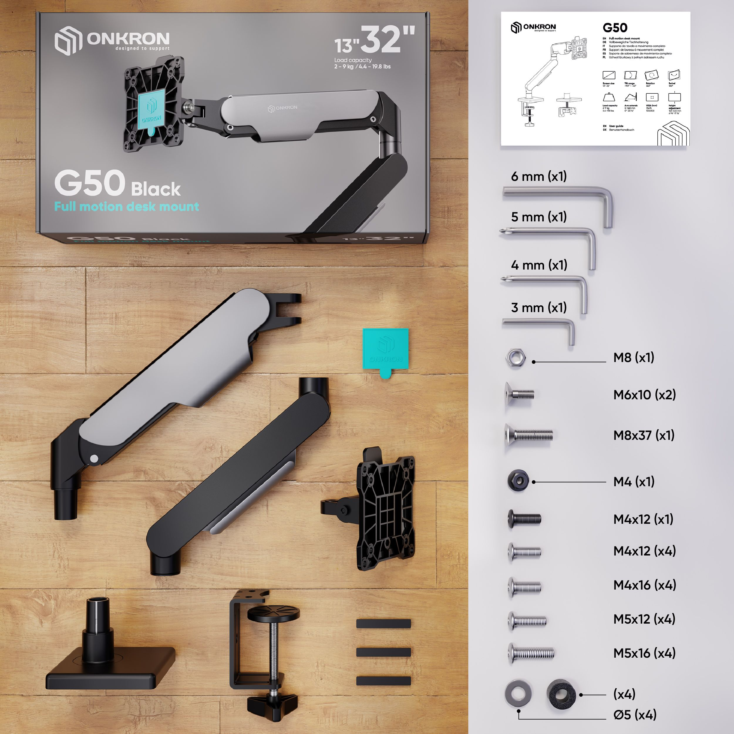Zestaw do montażu biurka z częściami, uchwytem G50 Black i instrukcją obsługi są wyświetlane na drewnianej powierzchni.