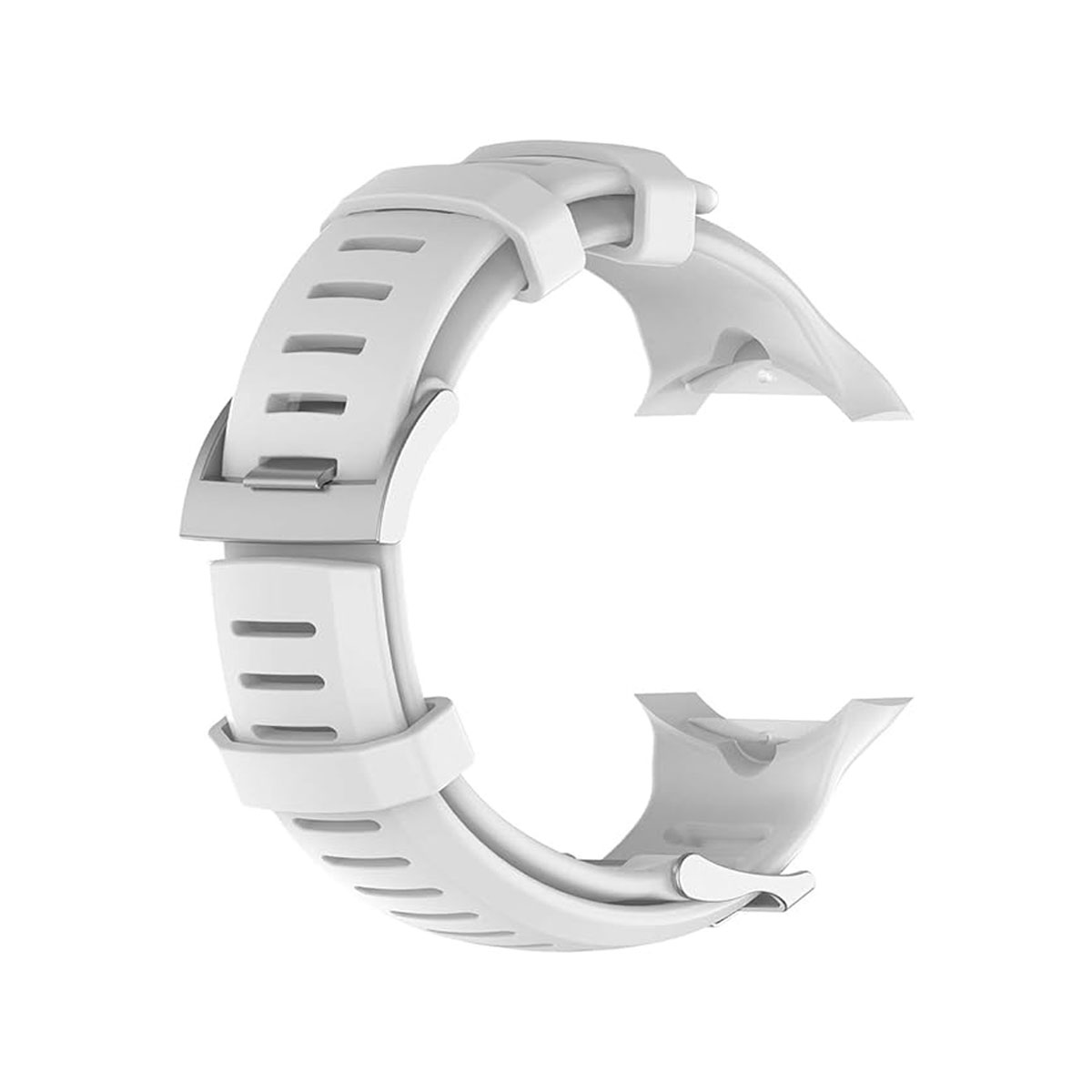 Ein weißes Uhrenarmband wird angezeigt. Es ist gebogen und hat Löcher und Schlitze. Das Armband hat einen sicheren Verschluss. Der Hintergrund ist weiß.