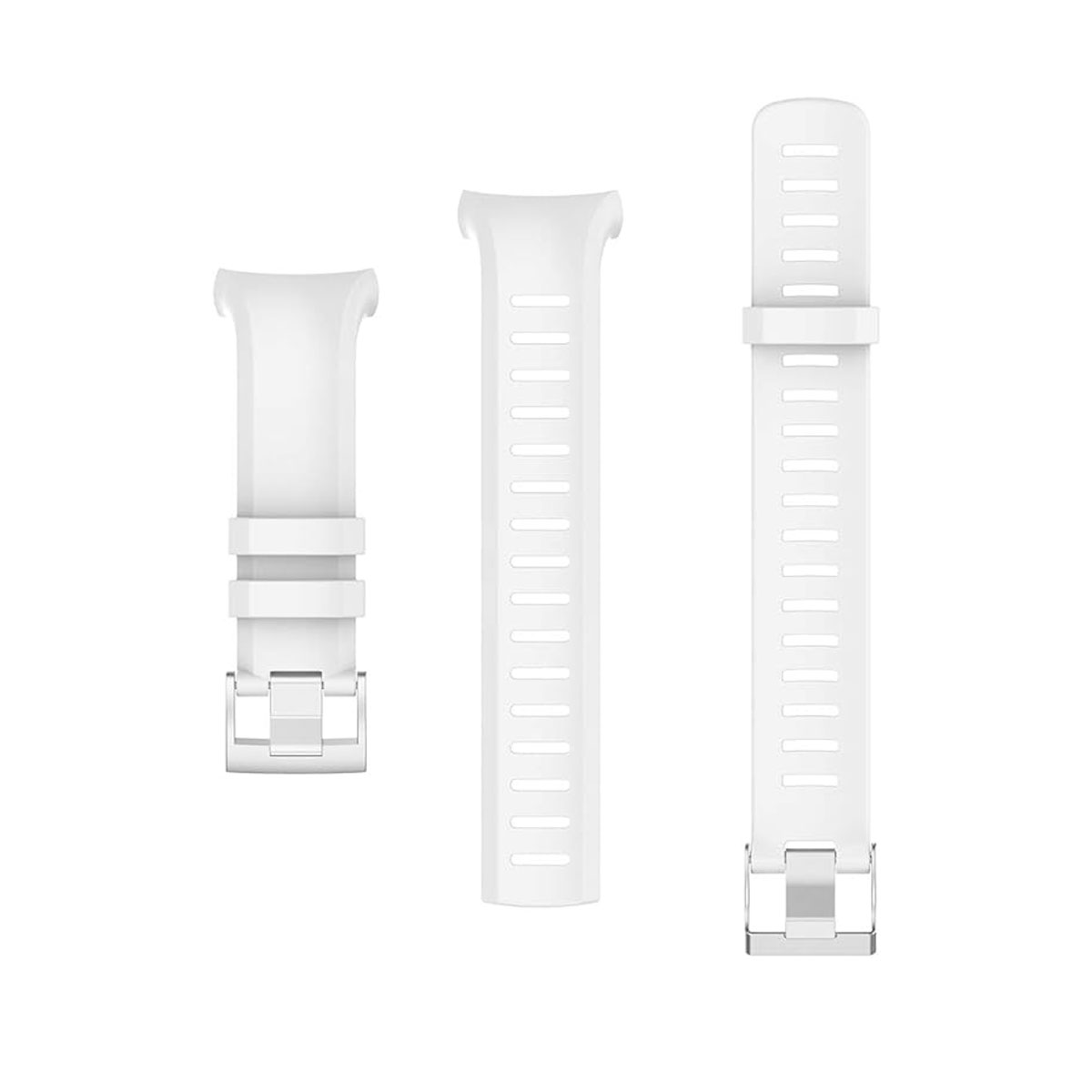 Drei weiße Uhrenarmbänder vor weißem Hintergrund. Jedes hat eine andere Art von Verschluss und Banddesign.