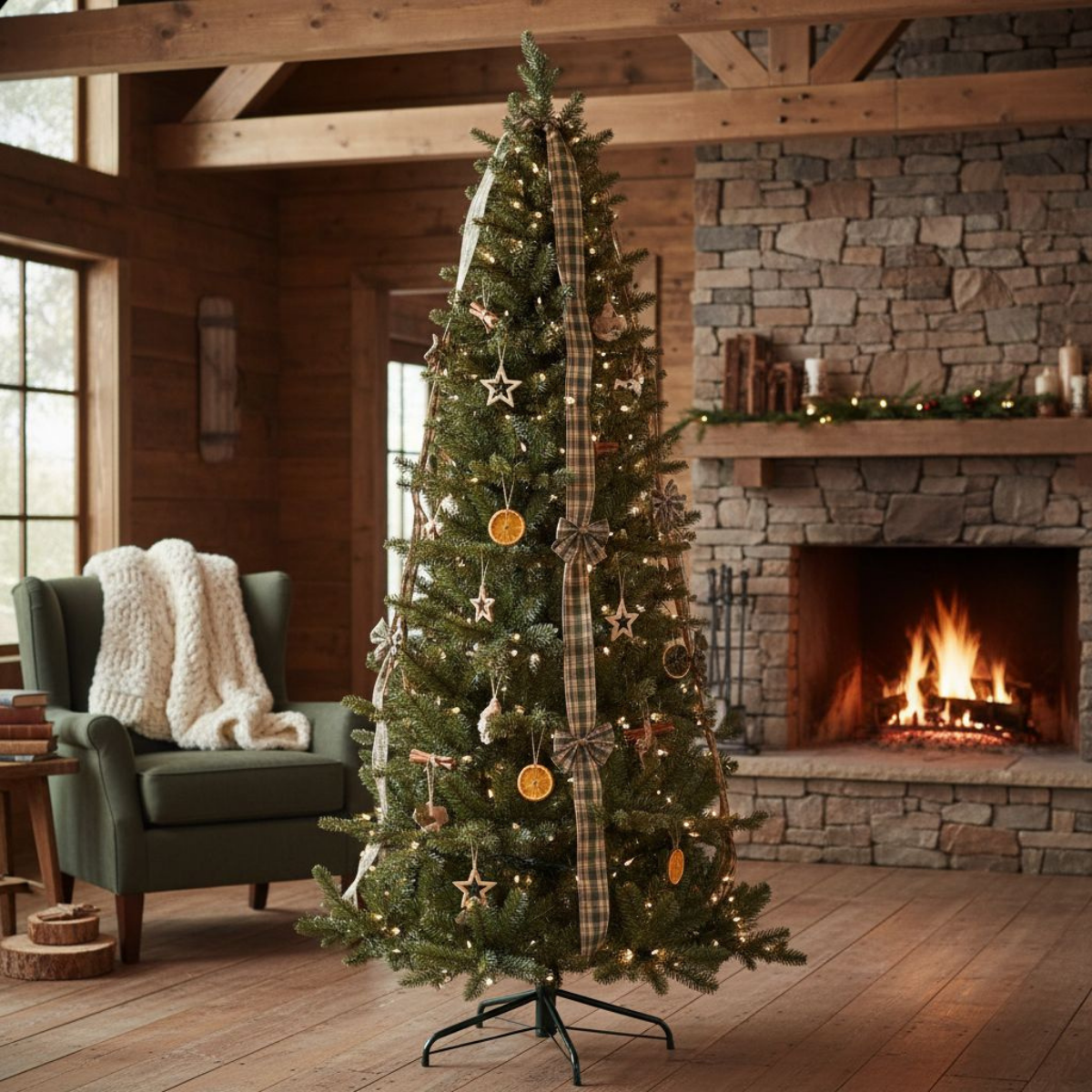 Un arbre de Noël décoré se dresse devant une cheminée. Des ornements, des lumières et un ruban à carreaux ornent l'arbre. Ambiance cosy.