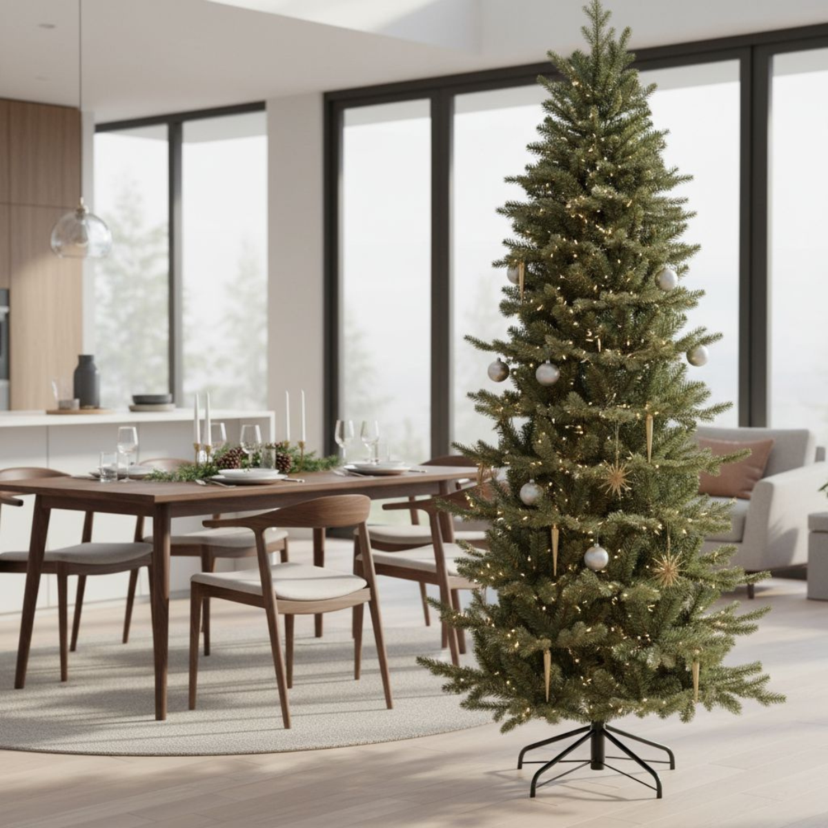 Un sapin de Noël décoré est dans une pièce. Une table est mise et une fenêtre montre l'extérieur.