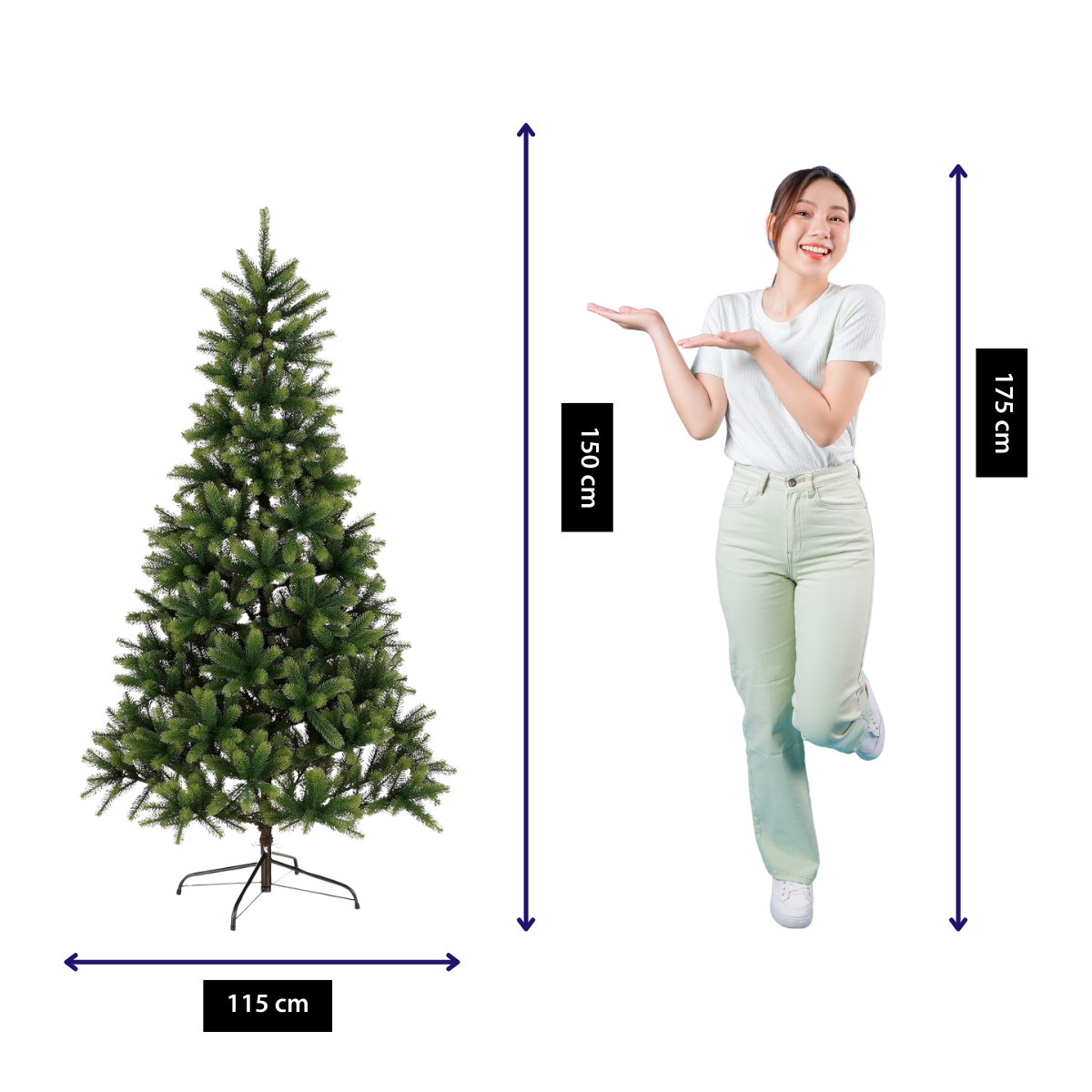 Een vrouw naast een groene kerstboom. Afmetingen zijn aangegeven. De vrouw glimlacht en gebaart met haar handen.
