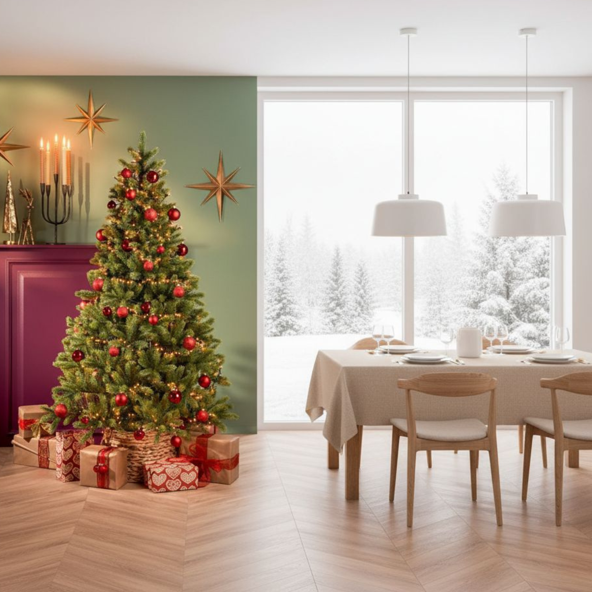 Een versierde kerstboom staat naast een raam met uitzicht op een besneeuwd landschap. Een eettafel is gedekt.