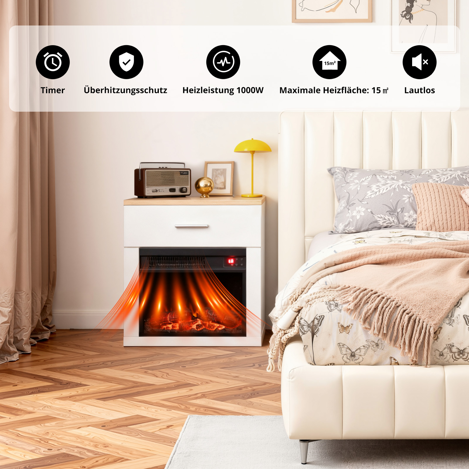 Schlafzimmer mit Kamin, Bett und Dekoration. Der Kamin ist an und hat einen Flammeneffekt.