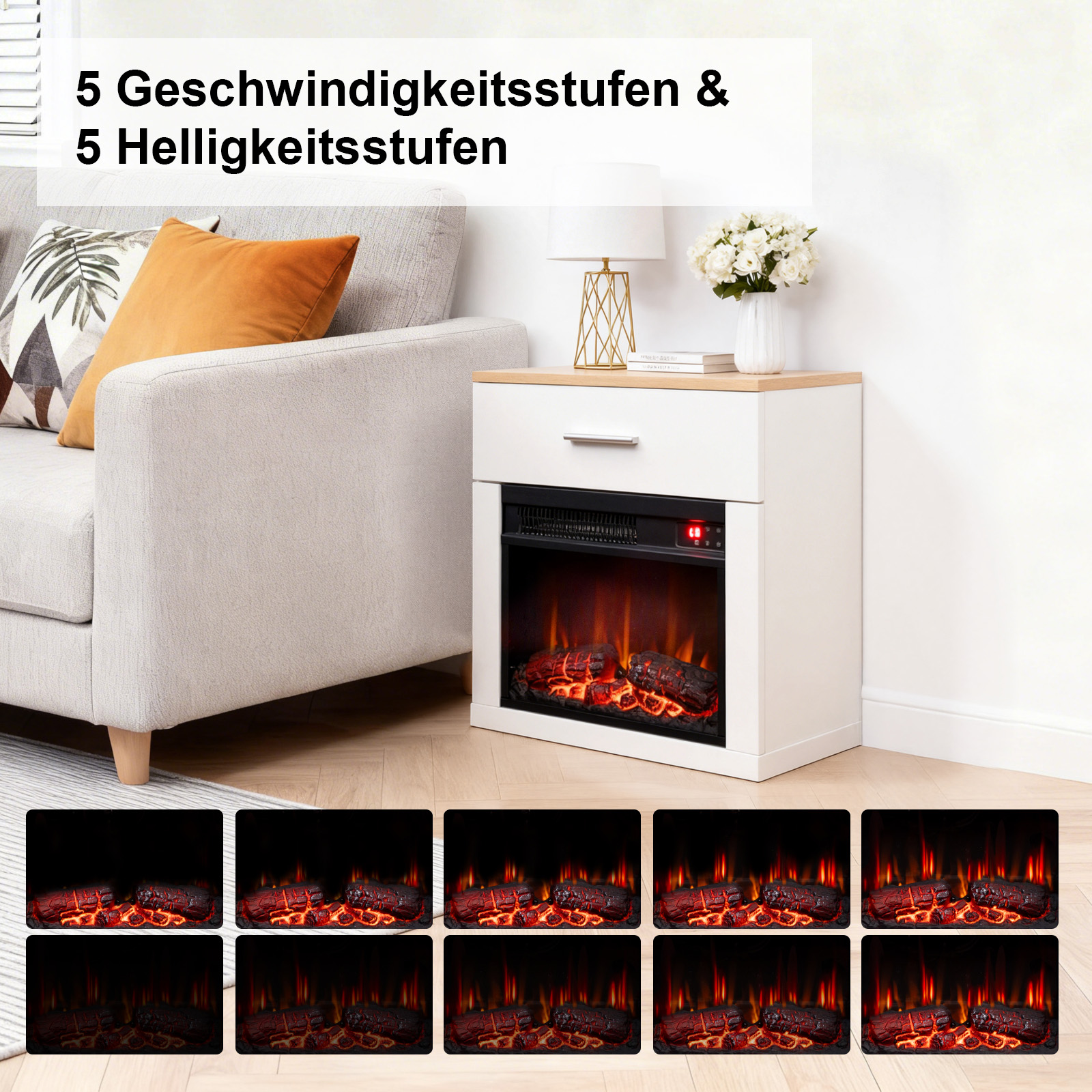Ein weißer Kamin mit leuchtendem Feuereffekt, neben einem Sofa mit Kissen und einem Beistelltisch mit Deko.