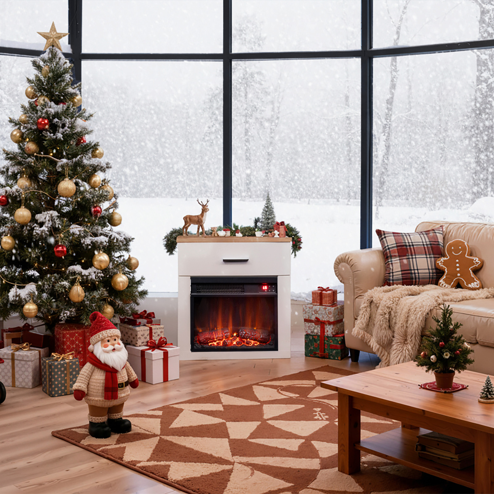 Świąteczny salon z choinką, kominkiem, prezentami i widokiem na okno w śniegu.