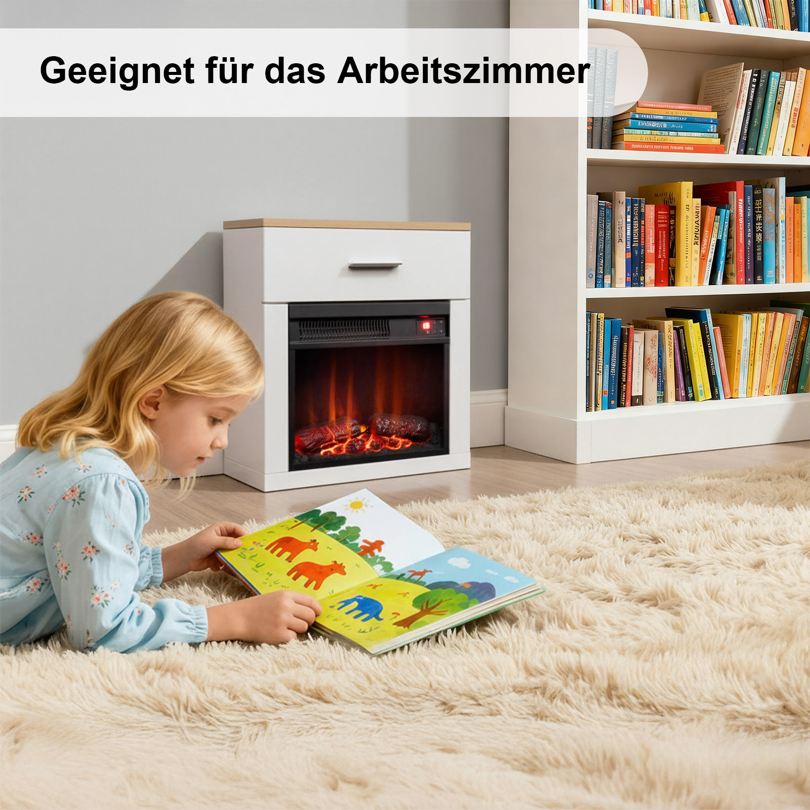 Ein Mädchen liest ein Buch auf einem flauschigen Teppich in der Nähe eines Kamins. Im Hintergrund ein Bücherregal.