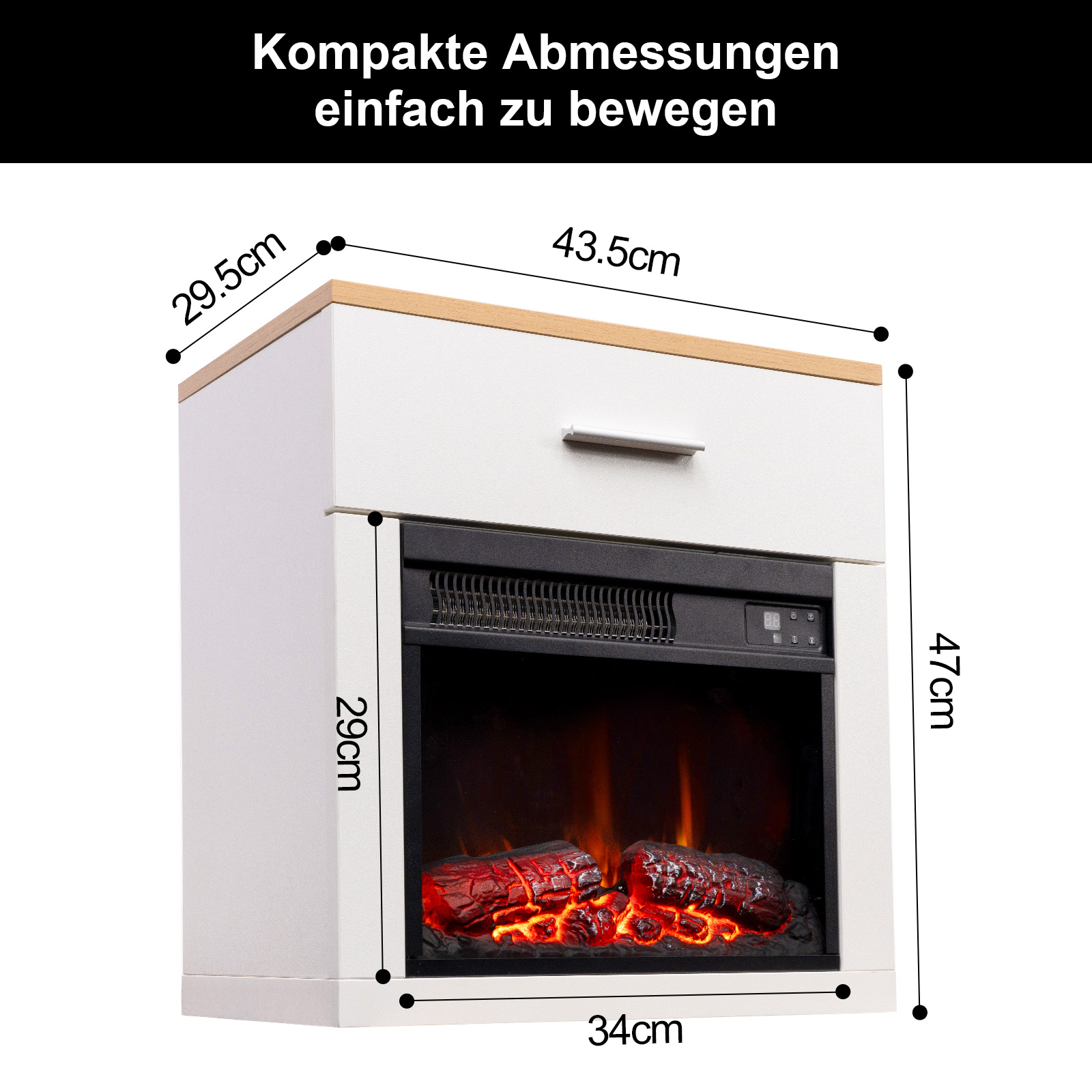 Weißer elektrischer Kamin mit Maßangaben. Hat eine schwarze Front und einen leuchtenden Feuereffekt.