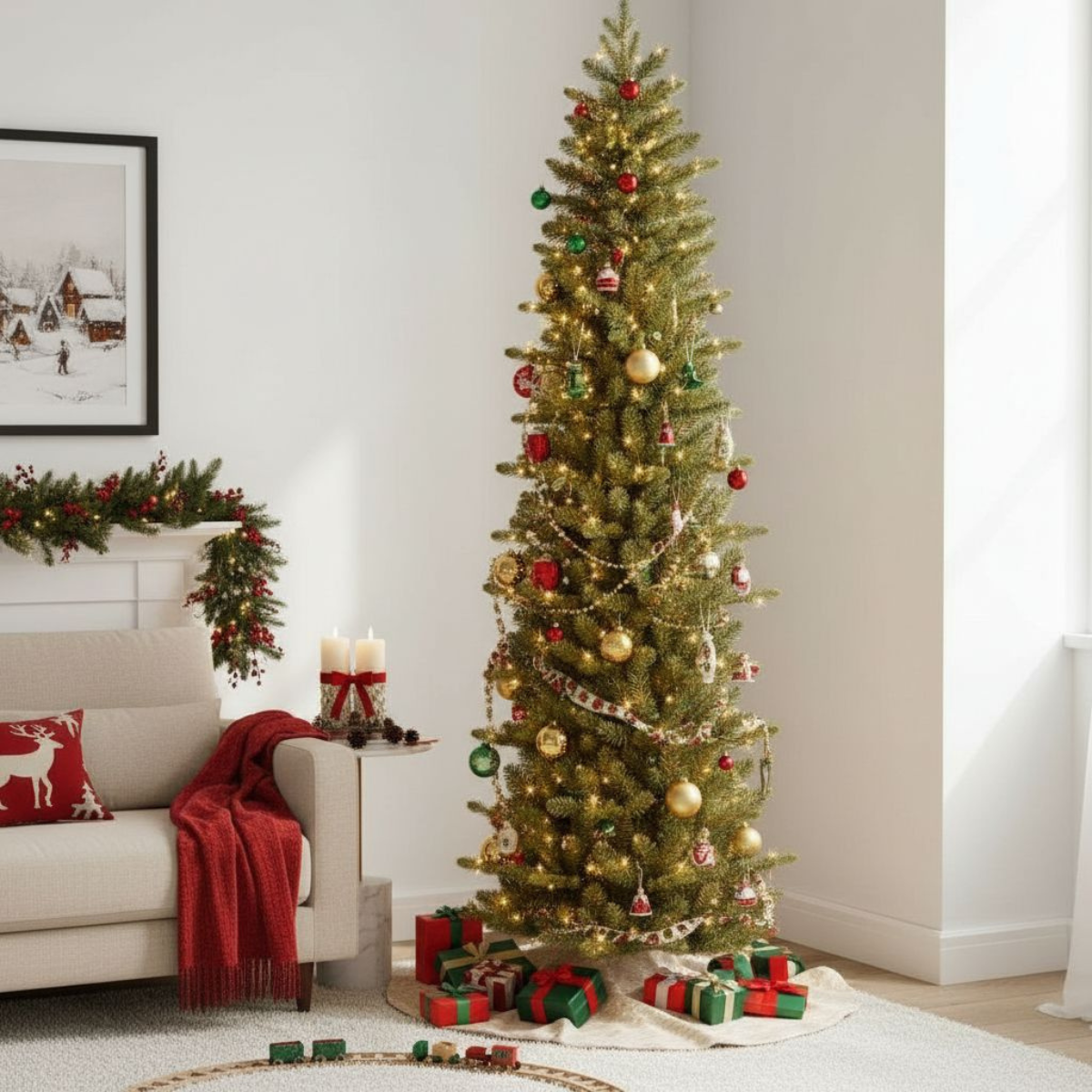 Un sapin de Noël décoré avec des ornements, des lumières et des cadeaux. Un canapé, une guirlande et des bougies sont également présents.