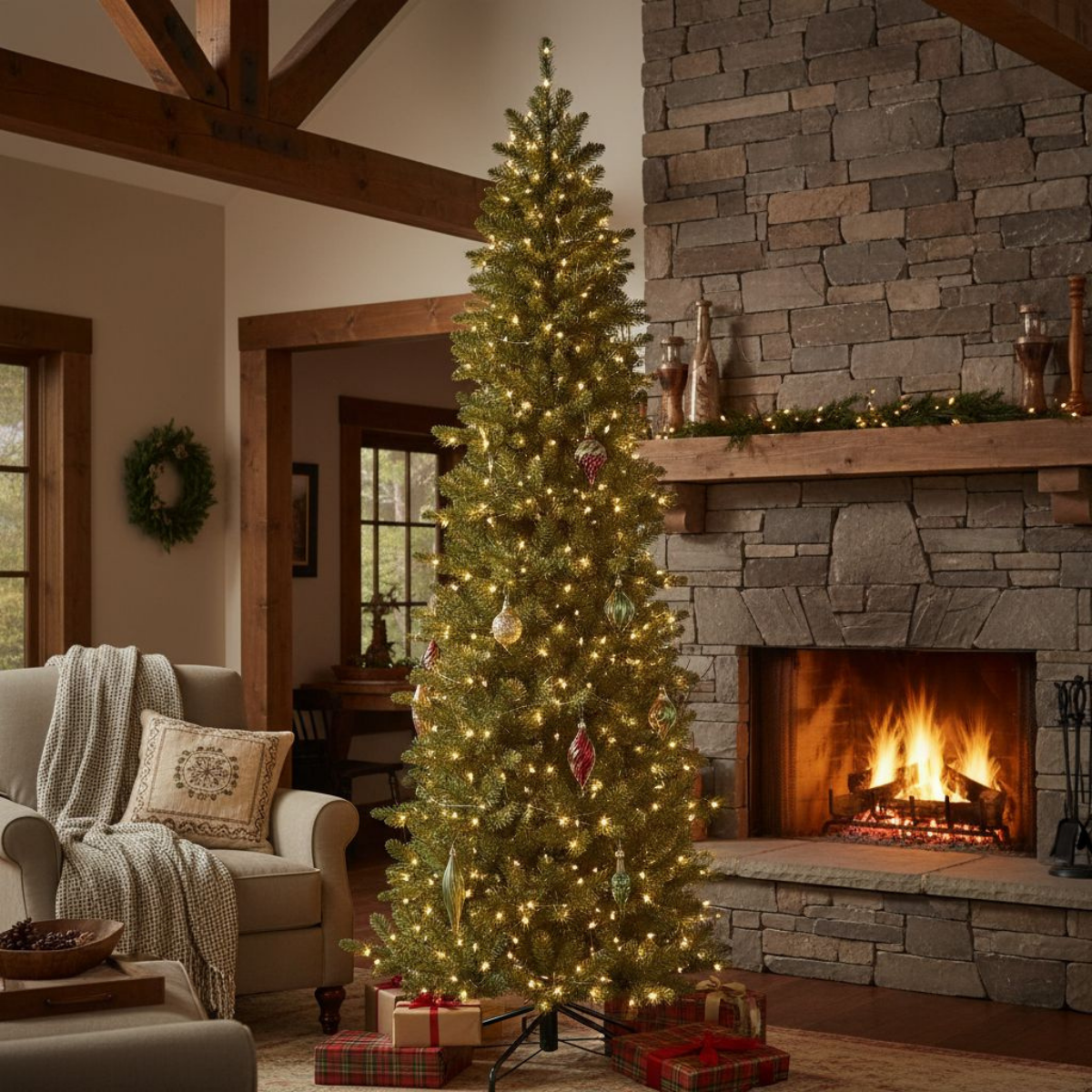 Un sapin de Noël décoré dans un salon douillet, éclairé par des lumières chaudes. Une cheminée brûle.