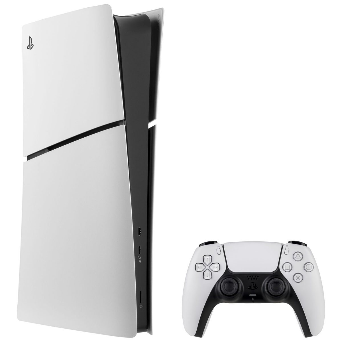 Een witte PlayStation 5 console en een witte controller. De console heeft een zwart midden. De controller staat rechts.