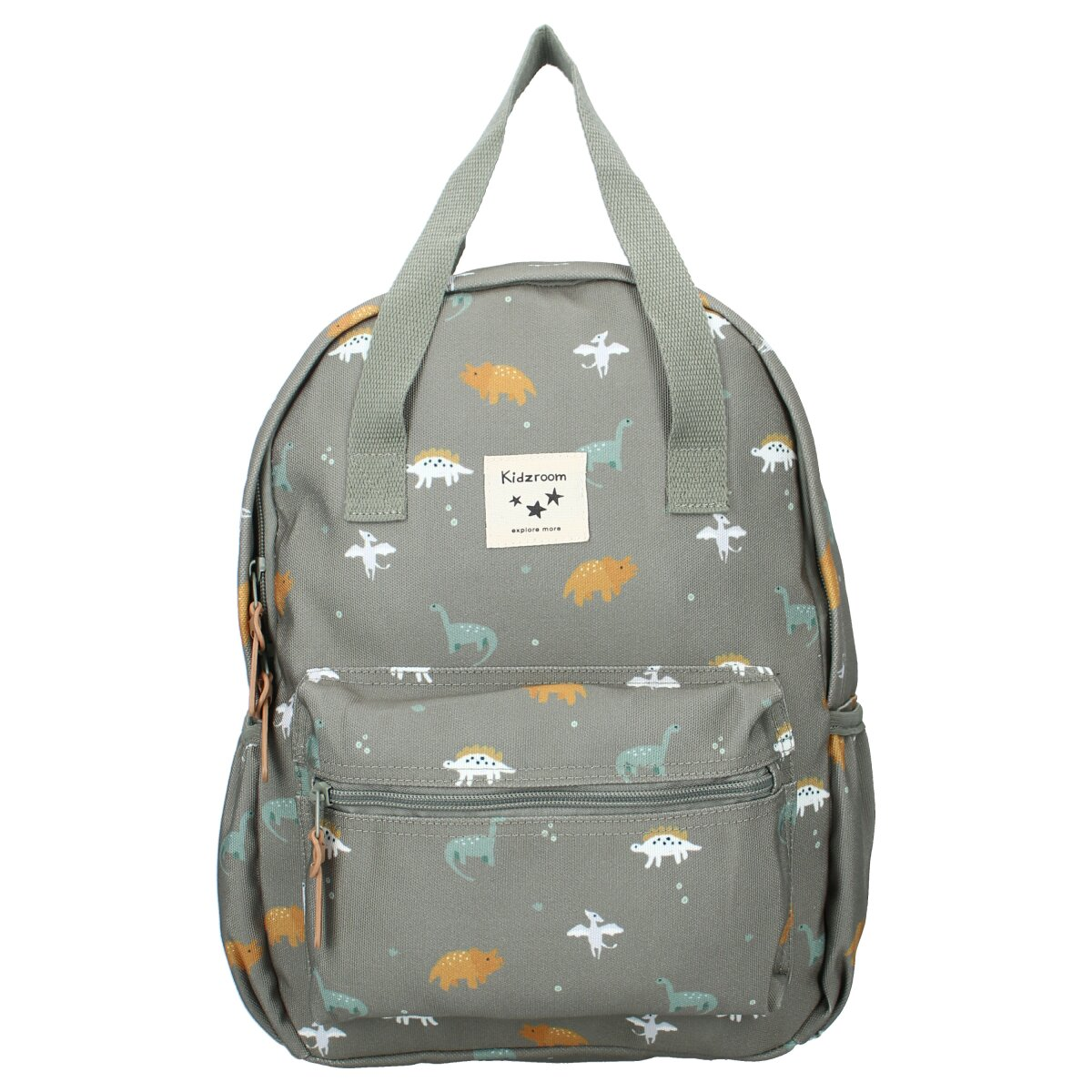 Ein grauer Rucksack mit Dinosauriern und fliegenden Kreaturen. Er hat eine Vordertasche, einen Reißverschluss und zwei Griffe.