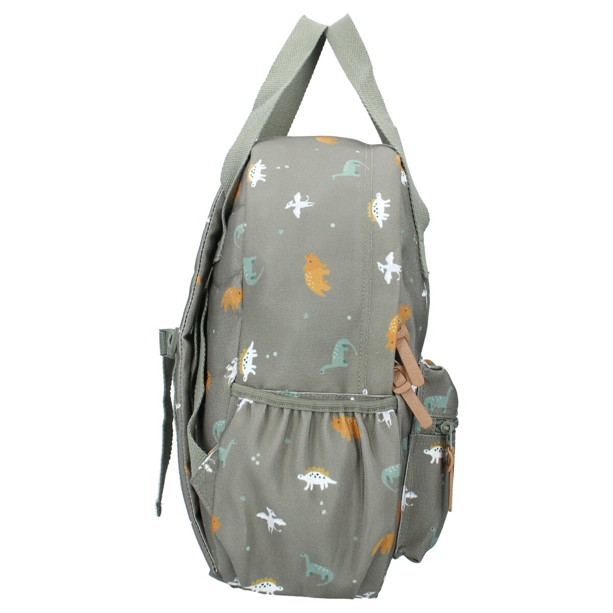 Ein grauer Rucksack mit Dinosaurier-Mustern. Er hat einen Griff und Träger. Eine Seitentasche mit braunem Reißverschluss und eine Vordertasche.