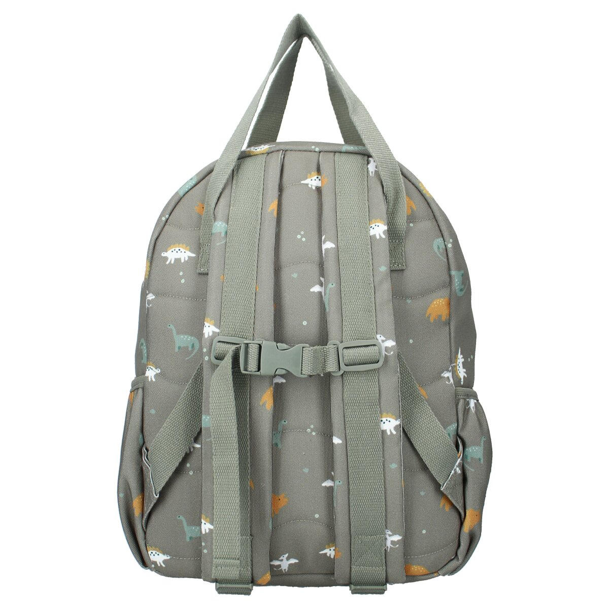 Ein grauer Rucksack mit Dinosaurier-Muster. Er hat Träger, einen Griff und eine Schnalle. Der Hintergrund ist weiß.