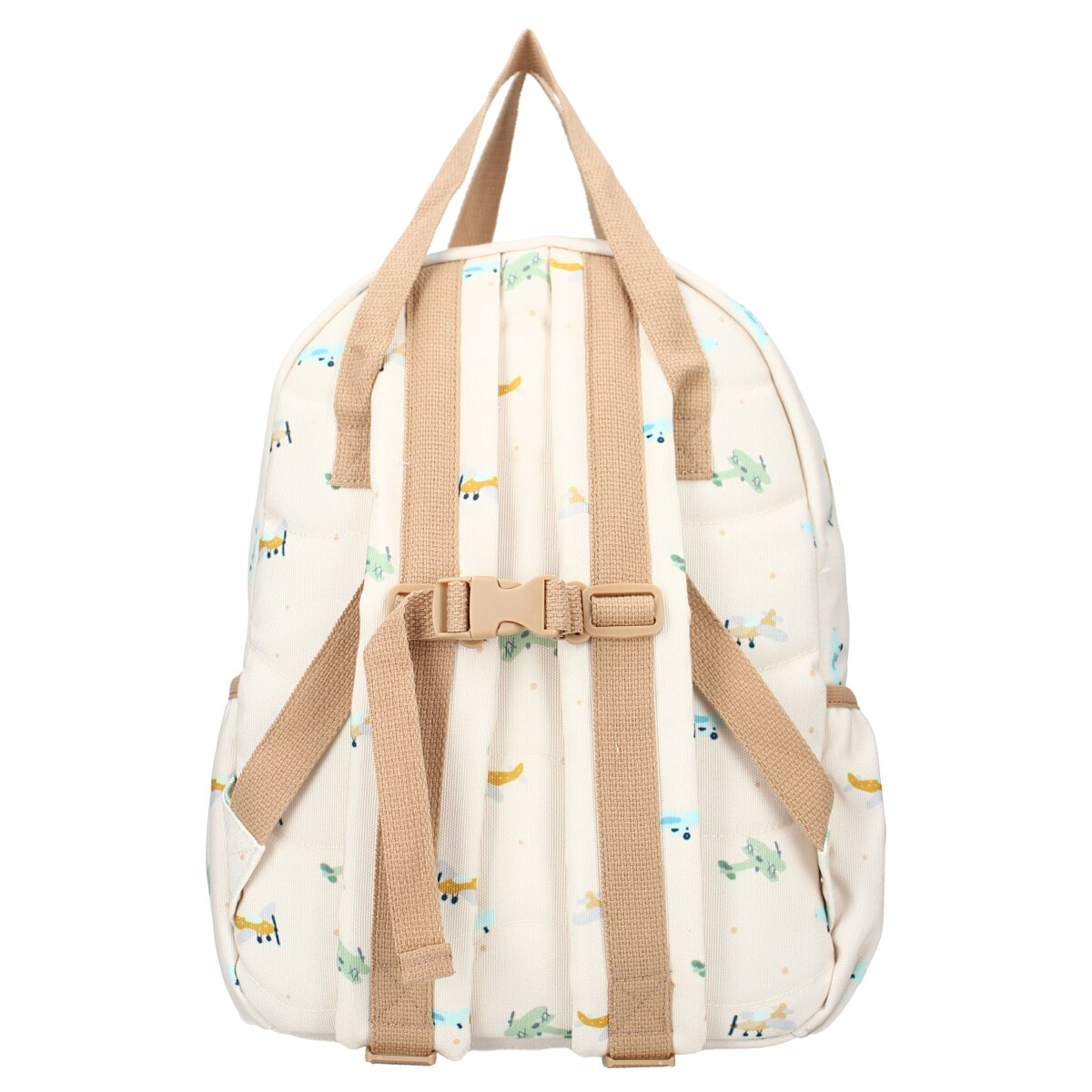 Ein cremefarbener Rucksack mit Flugzeugmuster. Er hat braune Träger und eine Schnalle. Der Hintergrund ist weiß.