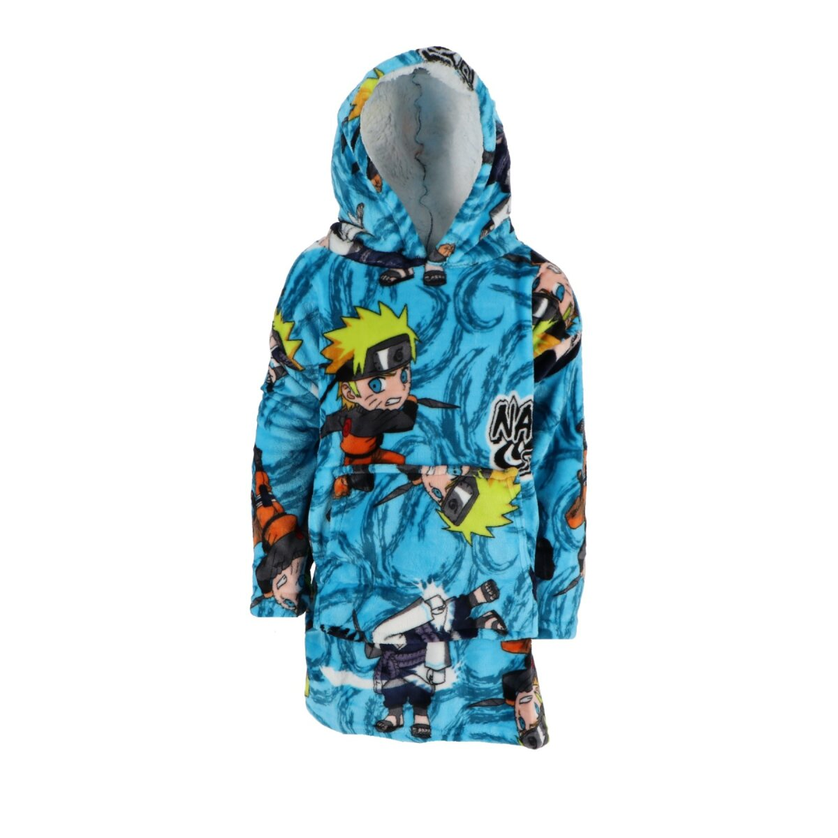Blauer Kapuzenpullover mit Naruto-Charakteren. Die Decke hat eine Kapuze mit weißem, flauschigem Futter und Naruto-Prints.