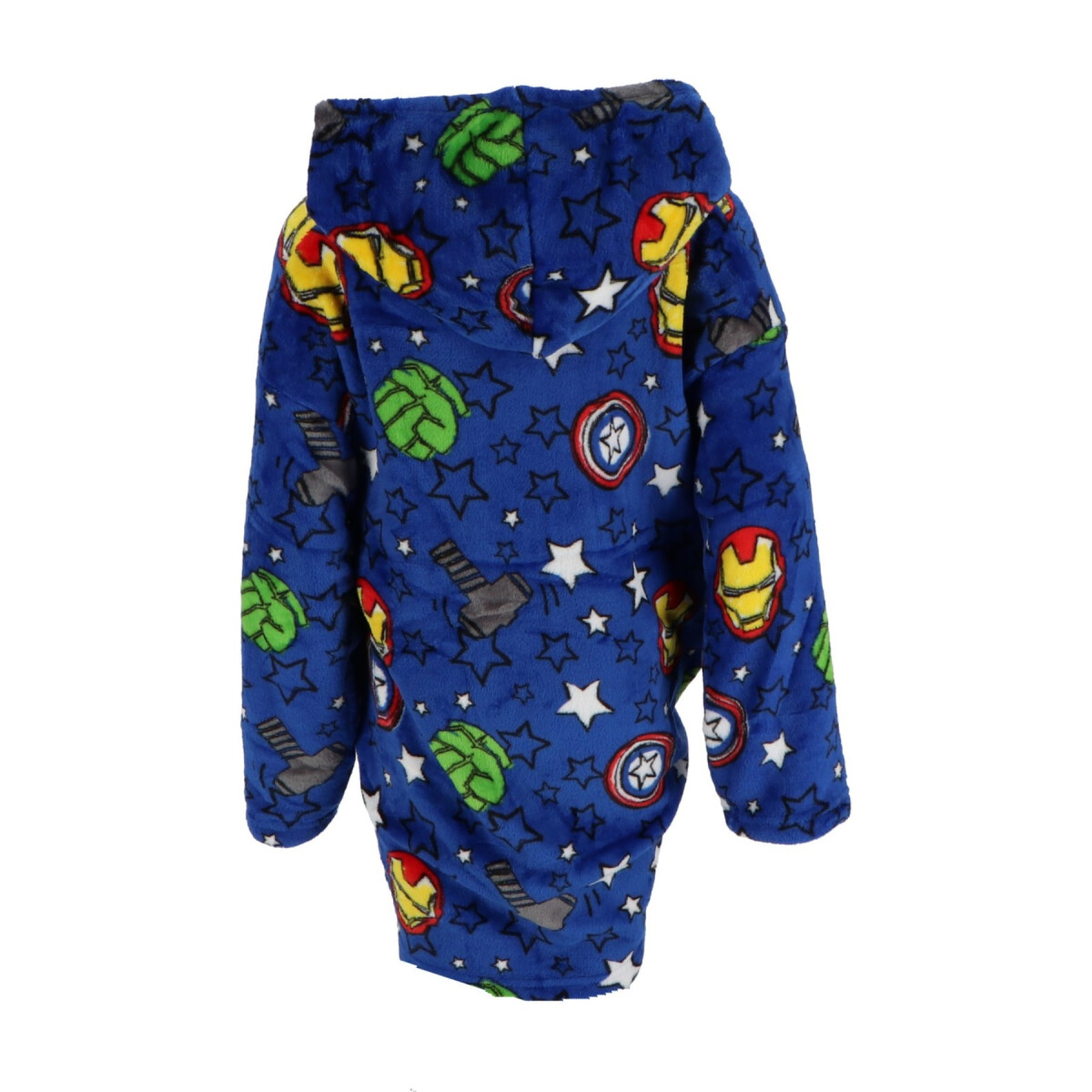 Blauer Marvel-Bademantel mit Sternenmuster und Superhelden-Emblemen: Iron Man, Hulk, Captain America. Weißer Hintergrund.