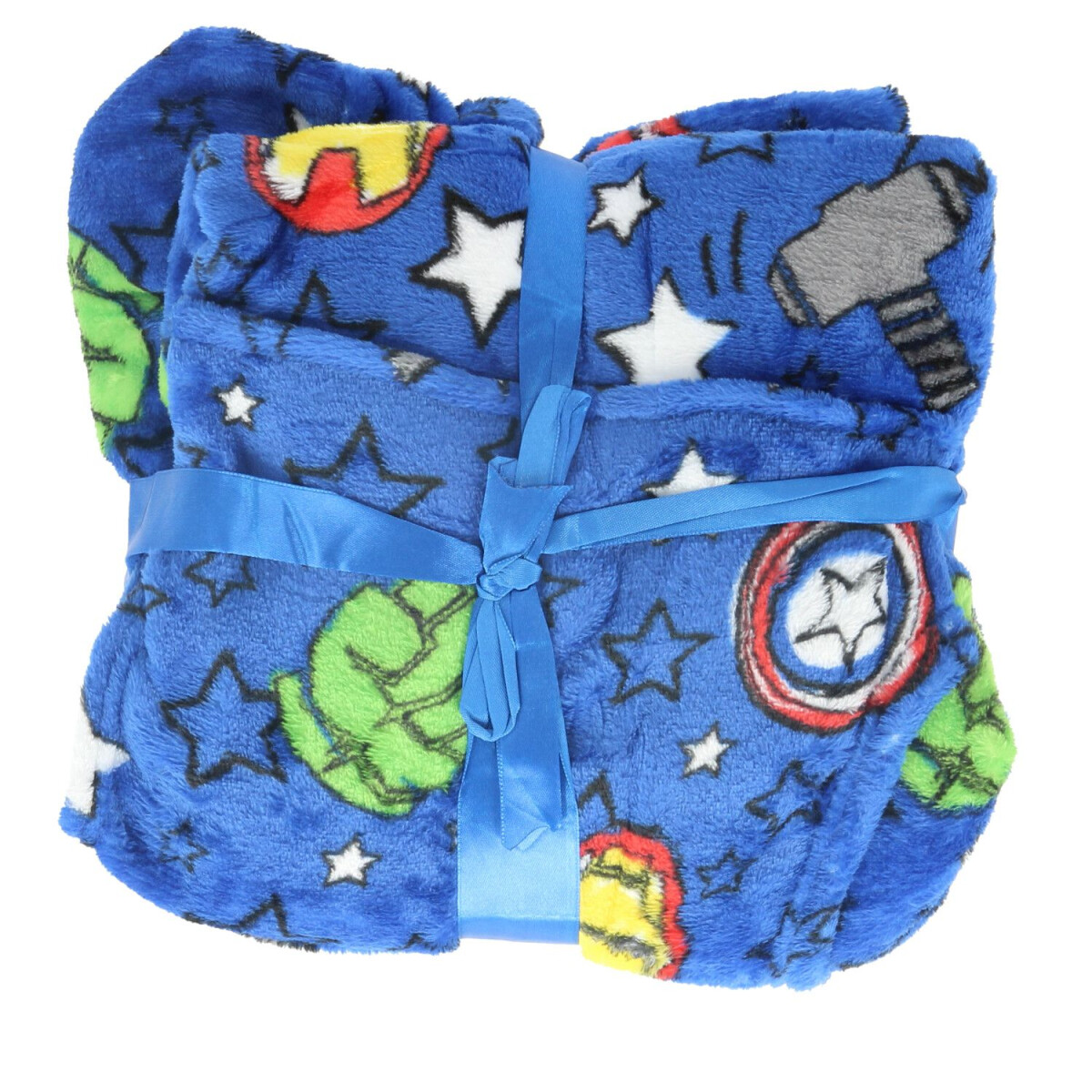 Blaue Decke mit Marvel-Figuren und Sternen, gebunden mit blauem Band.
