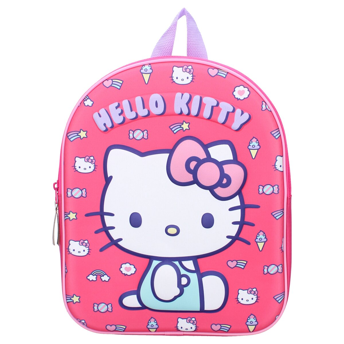 Mochila rosa de Hello Kitty con diseño de Hello Kitty. Cuenta con asa, cremallera y varios iconos de Hello Kitty y postres.