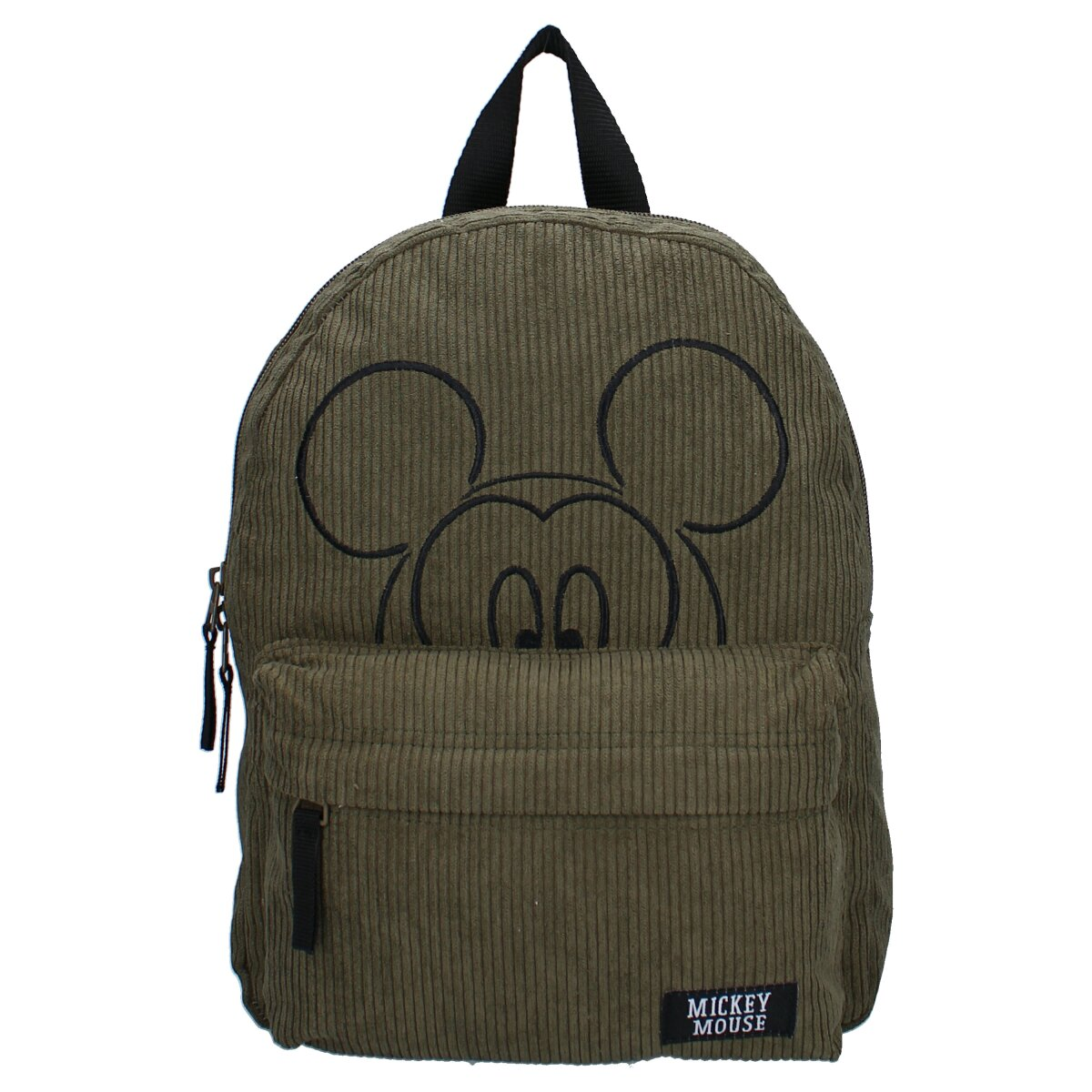 Ein grüner Cord-Rucksack mit Mickey Mouse Gesicht. Er hat eine Vordertasche, schwarze Reißverschlüsse und Träger sowie einen Griff.
