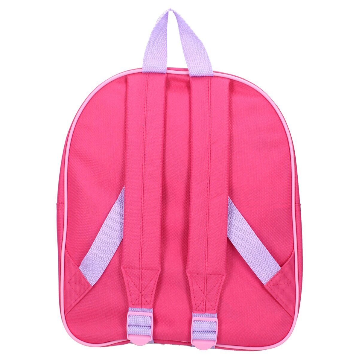 Una mochila rosa con correas y asa moradas, vista desde atrás. Tiene un borde blanco.