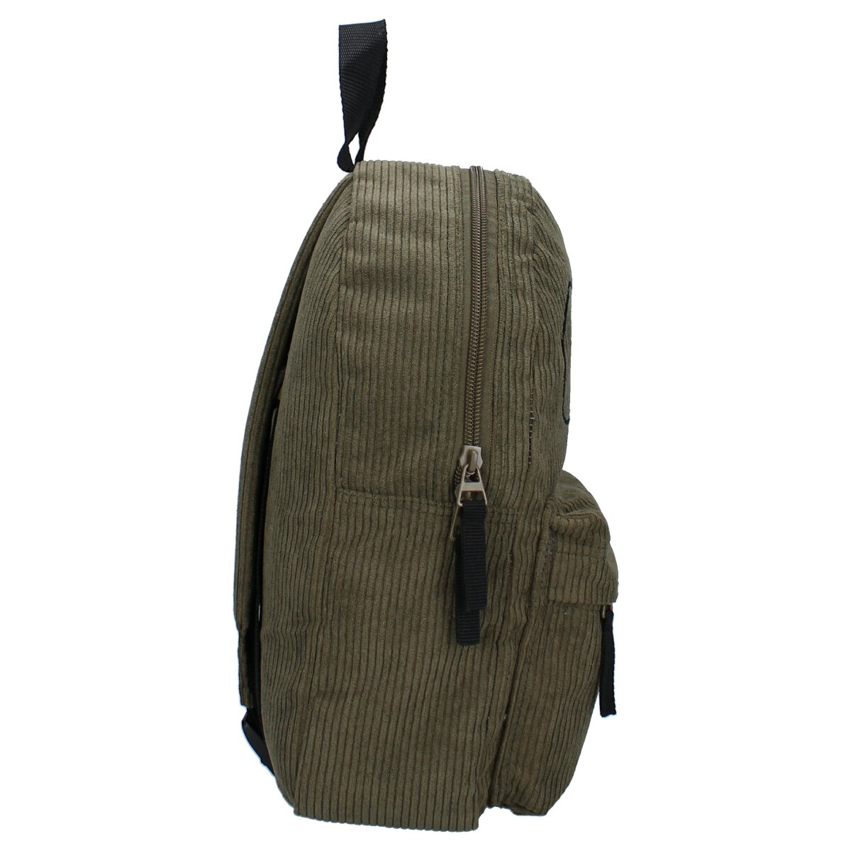 Ein olivgrüner Cord-Rucksack mit schwarzem Griff, Reißverschluss und Riemen, vor weißem Hintergrund.