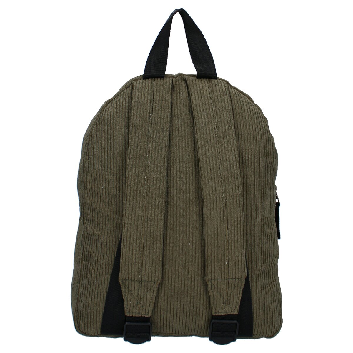 Ein grüner Cord-Rucksack mit schwarzen Riemen und einem Griff. Der Hintergrund ist weiß.