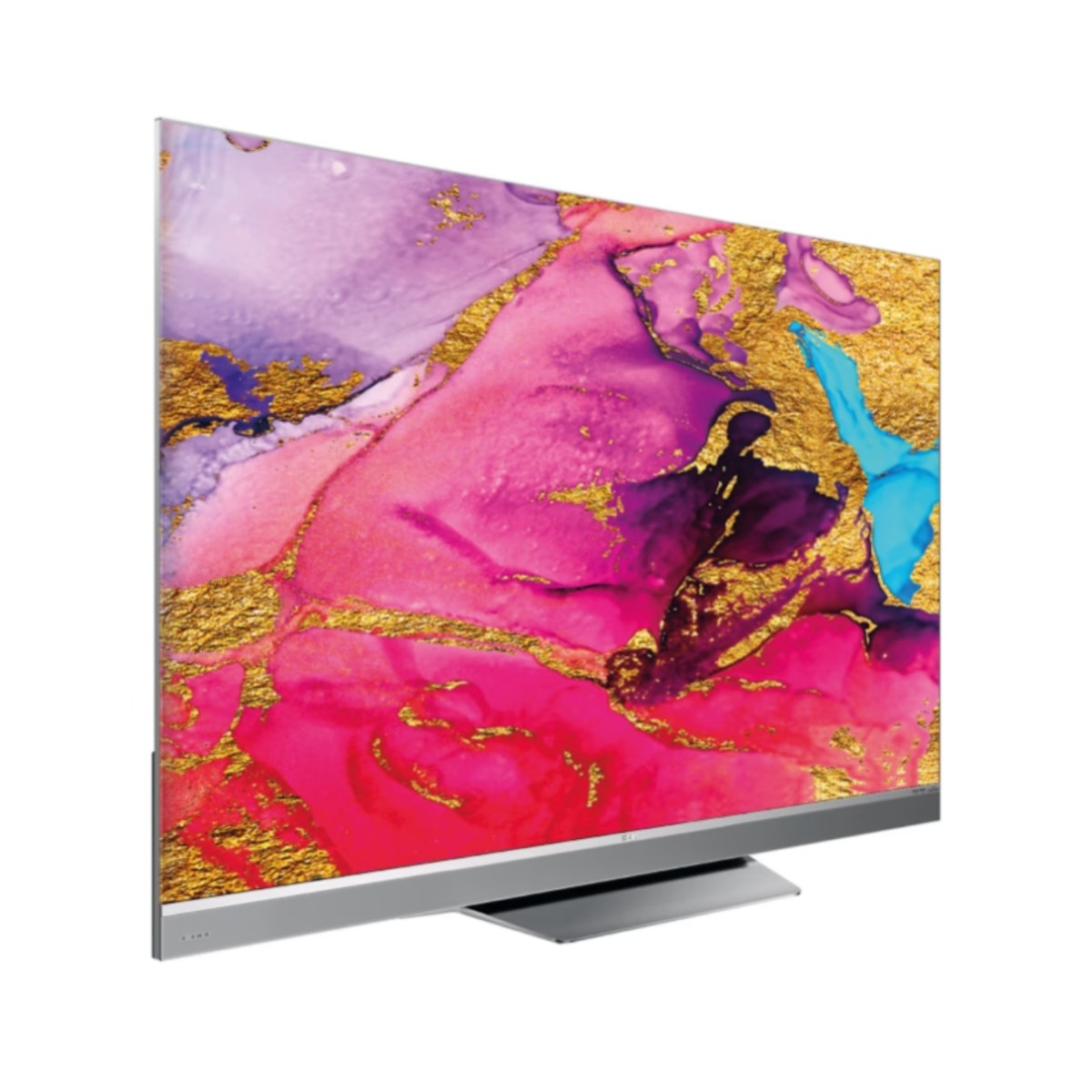 Un televisor moderno muestra un patrón de arte abstracto en rosa, morado, dorado y azul. El televisor tiene marco y soporte plateados.