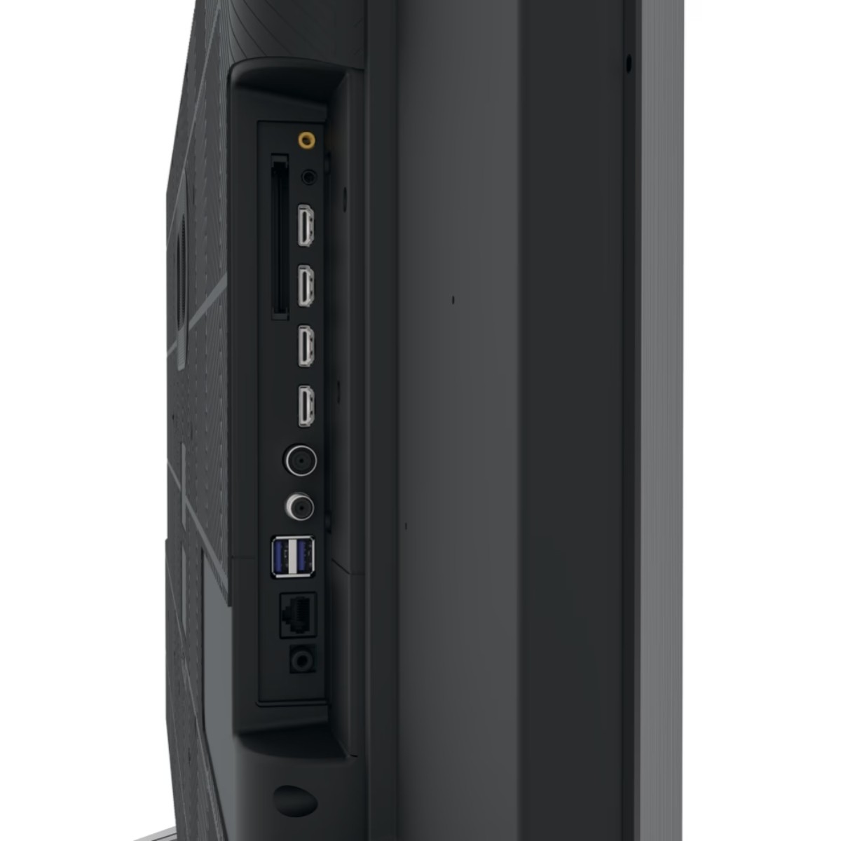 Primer plano del panel lateral de un televisor con varios puertos: HDMI, USB y audio. El panel es negro y está conectado a un televisor gris más grande.