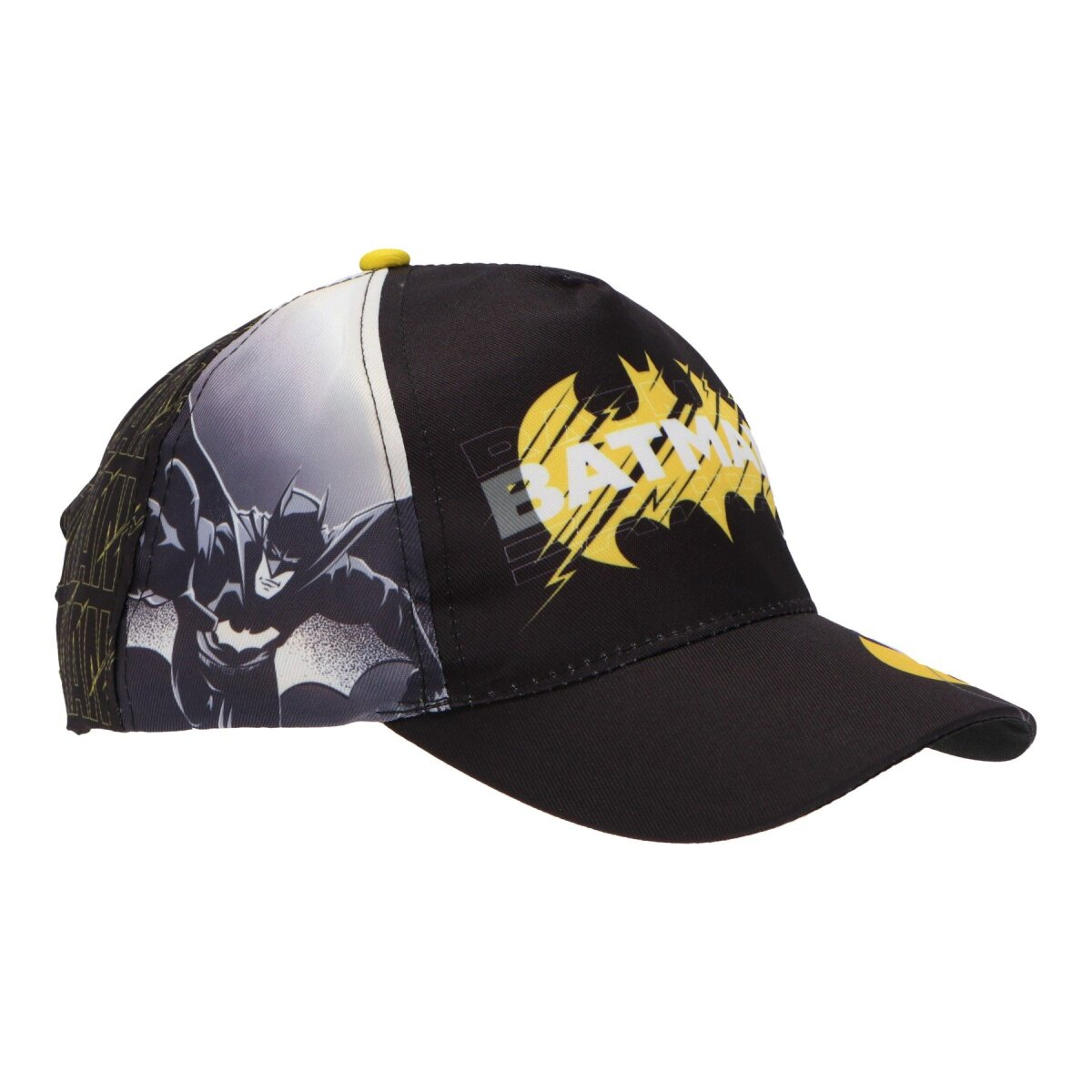 Schwarze Baseballkappe mit Batman-Logo und -Bild. Gelbes Batman-Logo an der Seite und oben. Batman-Grafik auf der Vorderseite.