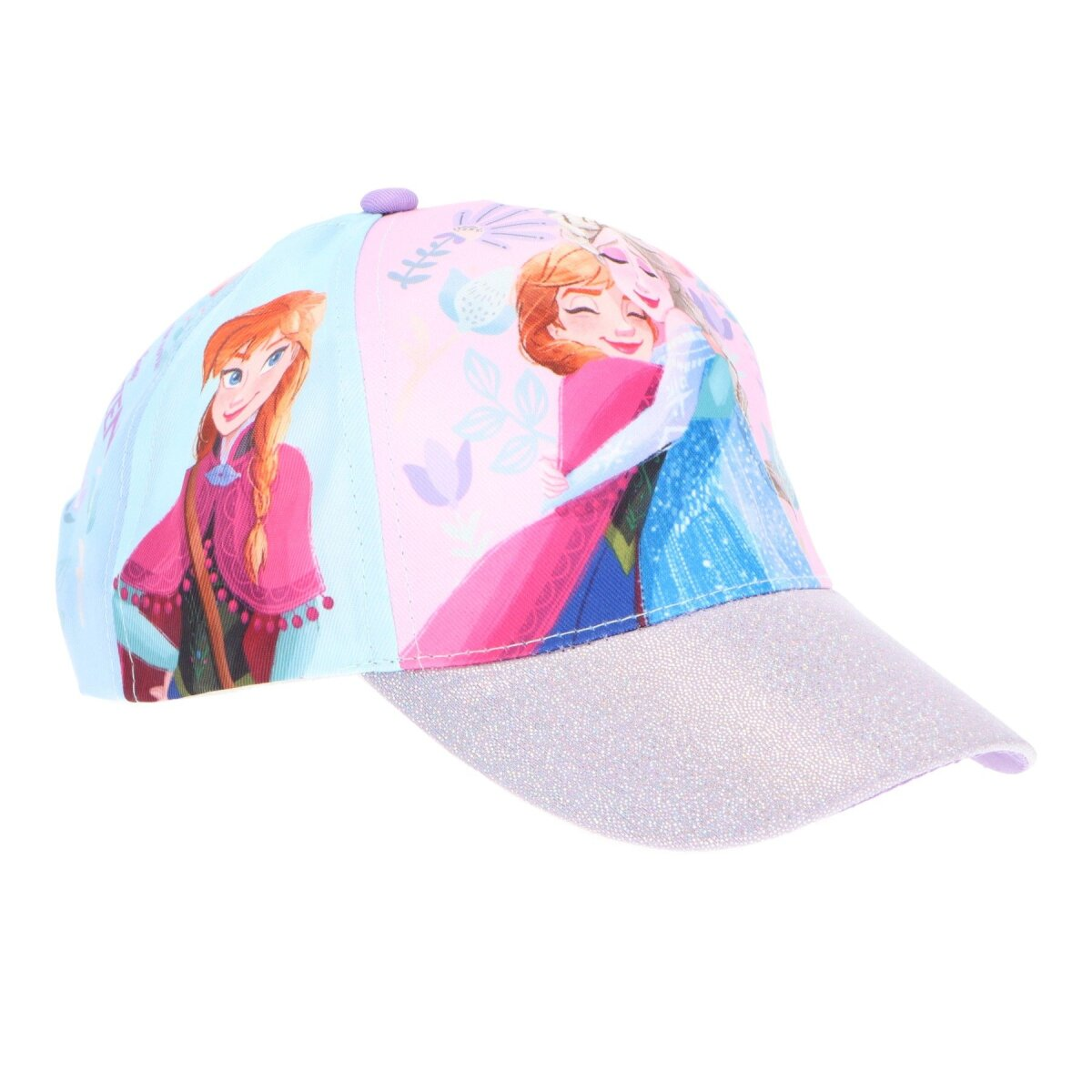 Eine Baseballkappe mit Anna und Elsa aus Frozen. Die Kappe ist hellblau, rosa und silber mit Glitzer auf dem Schirm.