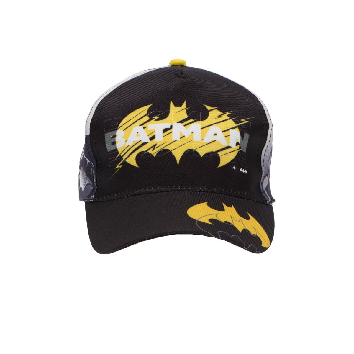 Schwarze Batman-Kappe mit gelbem Fledermaus-Logo und Text. Hat einen gelben Knopf oben.