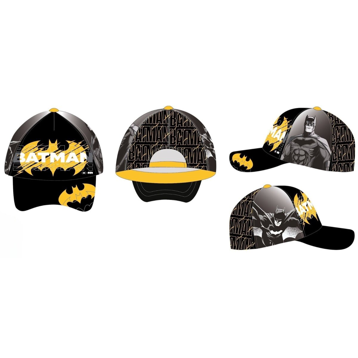 Eine Batman-Kappe in mehreren Ansichten. Schwarze Kappe mit gelbem Batman-Logo. Graue Batman-Figur und BAM!-Text sind ebenfalls sichtbar.
