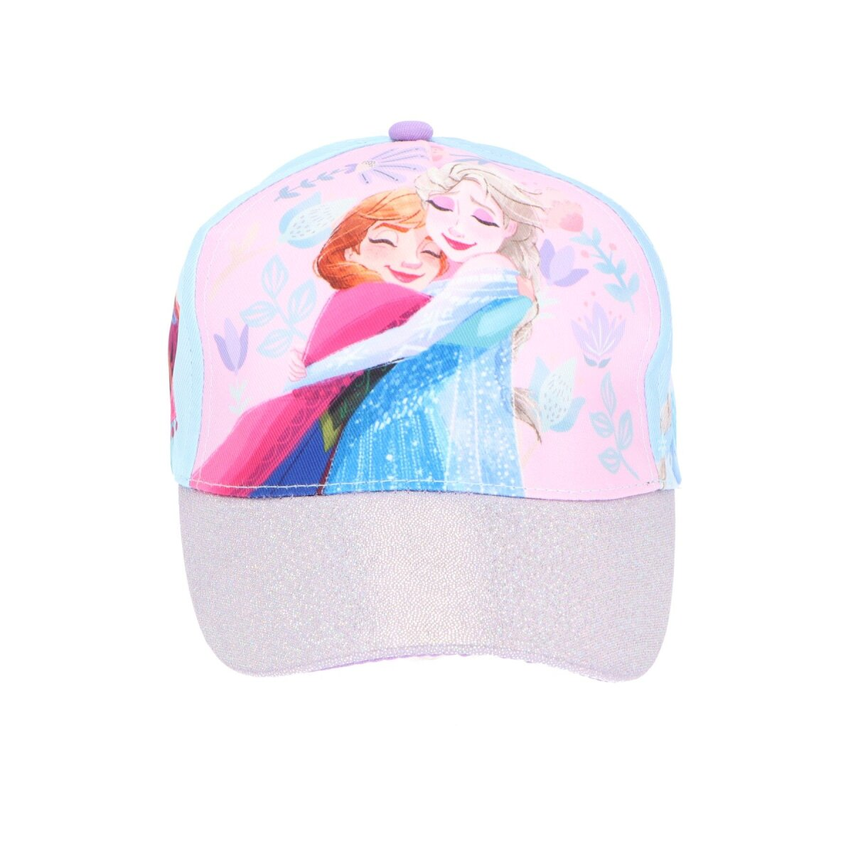 Eine Baseballkappe mit Elsa und Anna, die sich umarmen. Die Kappe ist hellblau, rosa und silberfarben, mit floralen Mustern.