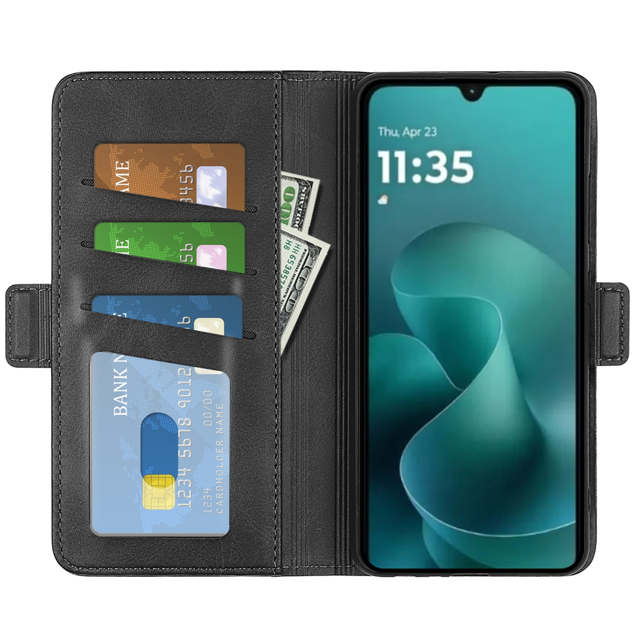 Een telefoonhoesje met een telefoon waarop de tijd wordt weergegeven. Er zitten creditcards en geld in het hoesje.