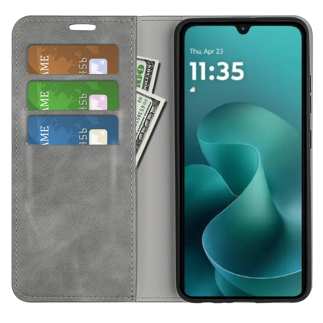 Telefoon in een grijze portemonnee hoes. Creditcards en geld in de portemonnee. Telefoon toont tijd en datum.