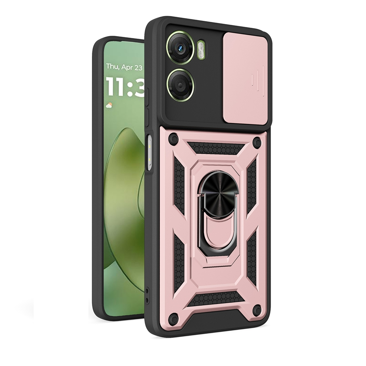 Een telefoonhoesje met een roze en zwart ontwerp. Met een ringhouder, camerabeschermer en een scherm met datum en tijd.