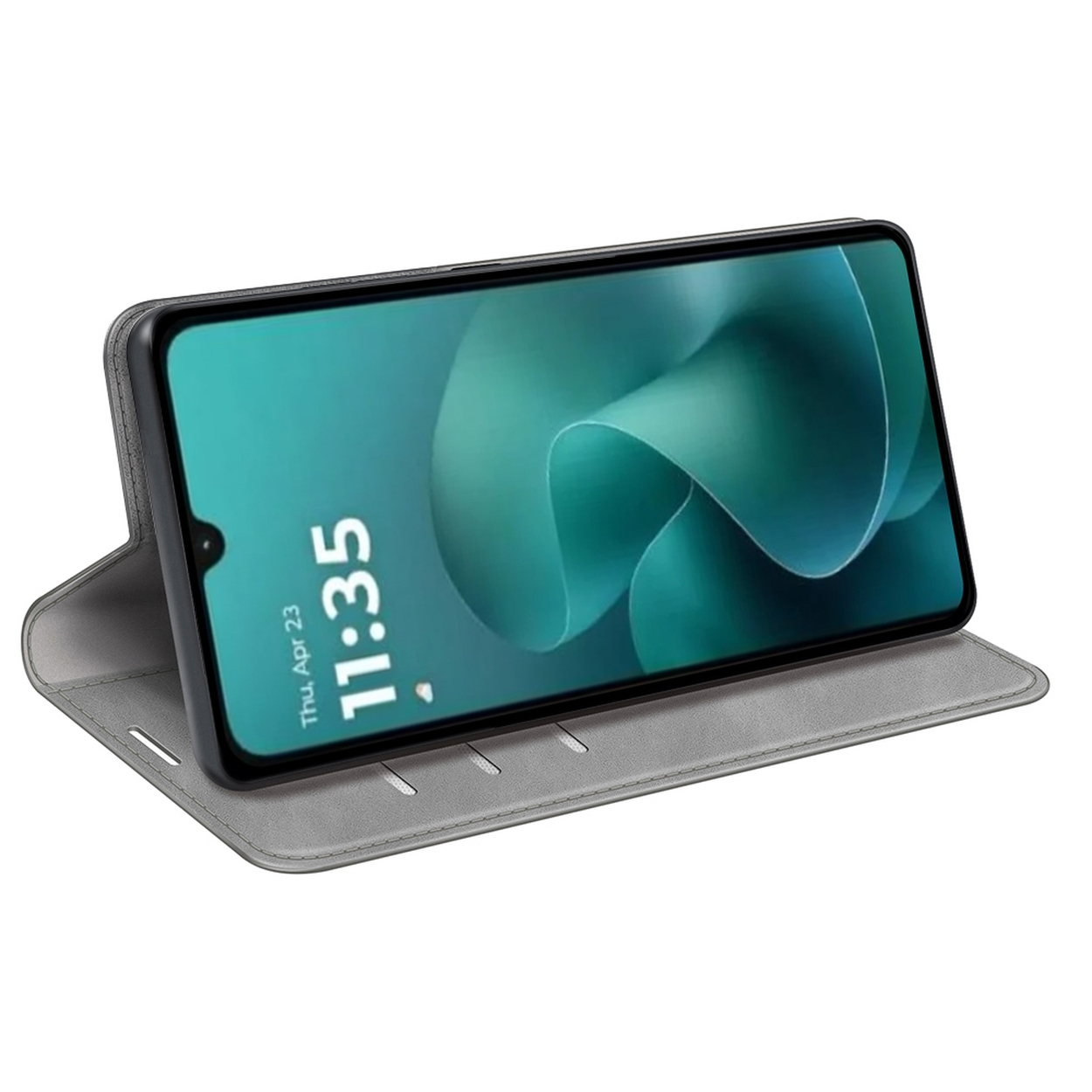 Een smartphone in een grijze hoes toont 11:35 en een groene golfachtergrond. De hoes is open.