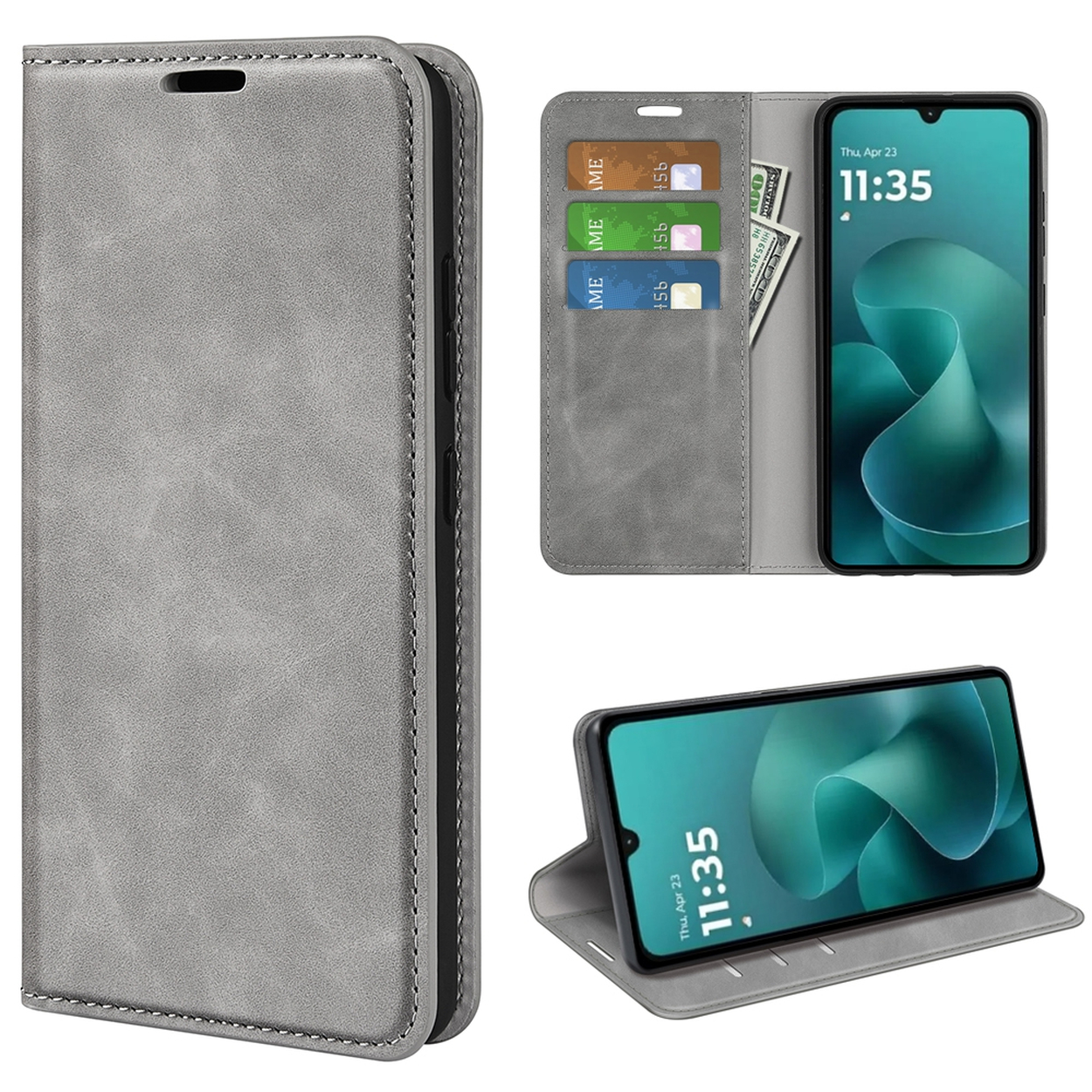 Grijze telefoonhoes met een telefoon waarop de tijd, creditcards en contant geld worden weergegeven. Een telefoon staat rechtop.