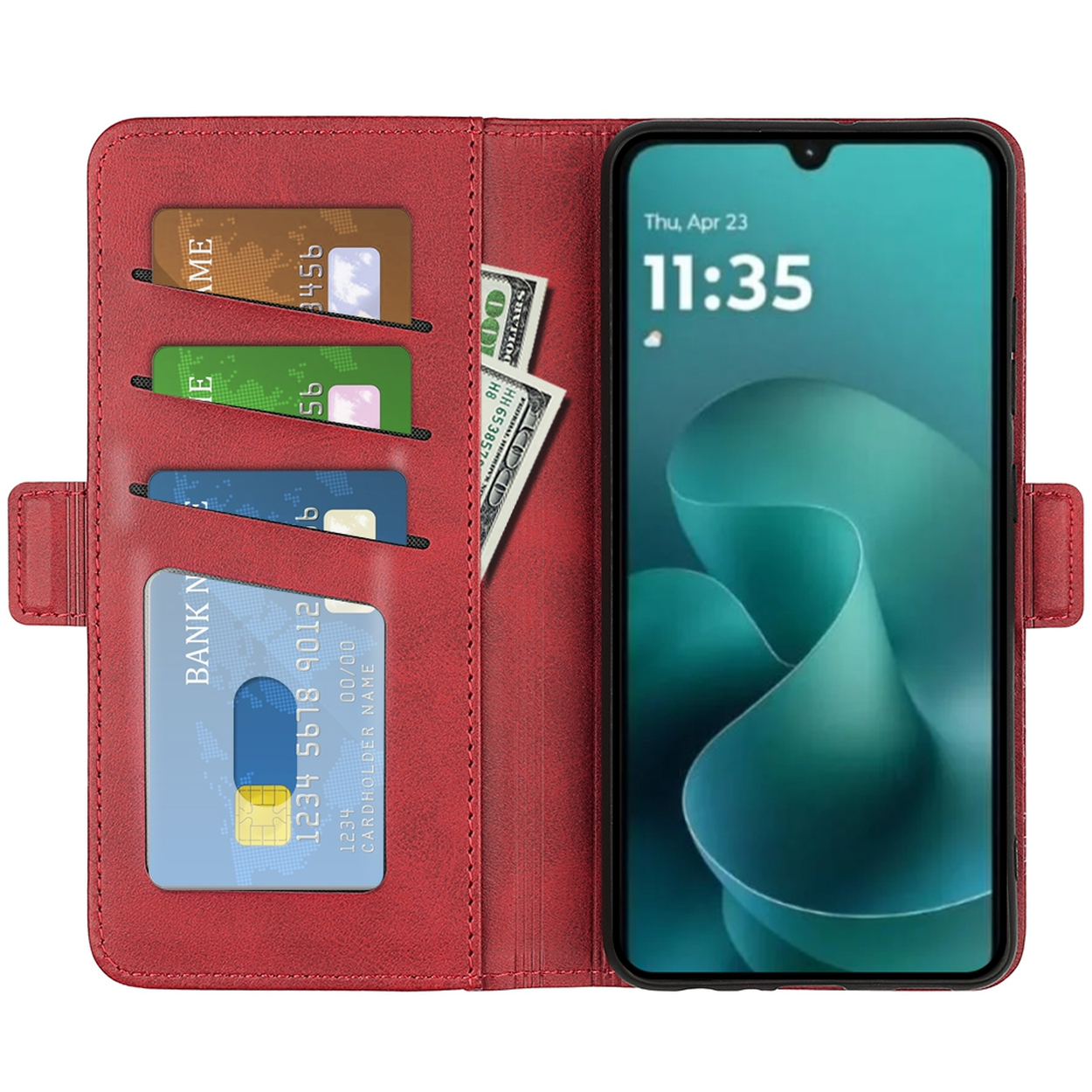 Een rode telefoonhoes met een smartphone. Het bevat kaarten, contanten en een scherm met de tijd.