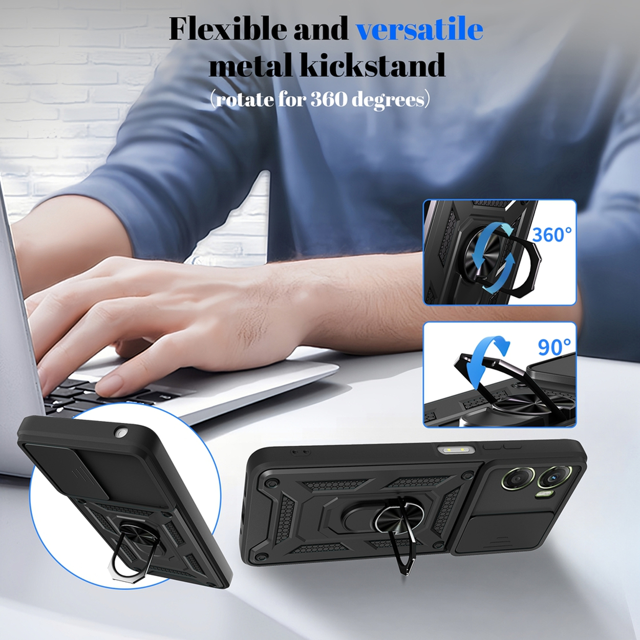 Een telefoonhoesje met een metalen kickstand wordt getoond. De kickstand draait 360 graden. Op de achtergrond gebruikt een persoon een laptop.