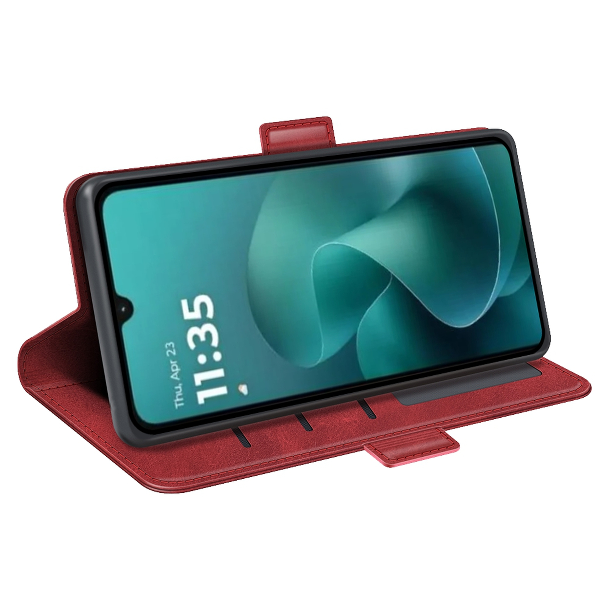 Een rode telefoonhoes met een telefoon die de tijd 11:35 weergeeft. De telefoon zit in de open hoes op een witte achtergrond.