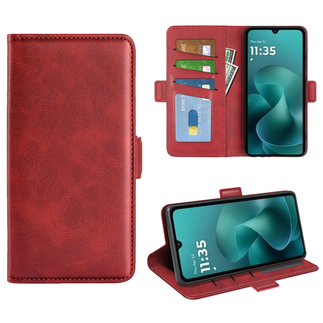 Een rode telefoonhoes met telefoon, kaarten en contant geld. Het is open en dicht, en toont zijn functies.