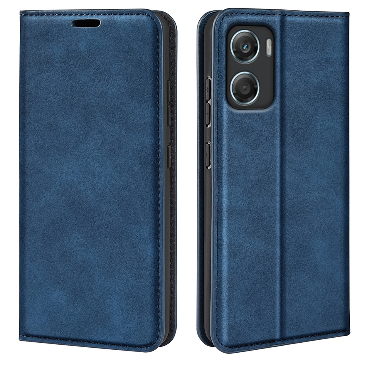 Twee blauwe telefoonhoesjes. Eén gesloten, de andere open en toont de camera van de telefoon. Beide hebben een leerachtige textuur.