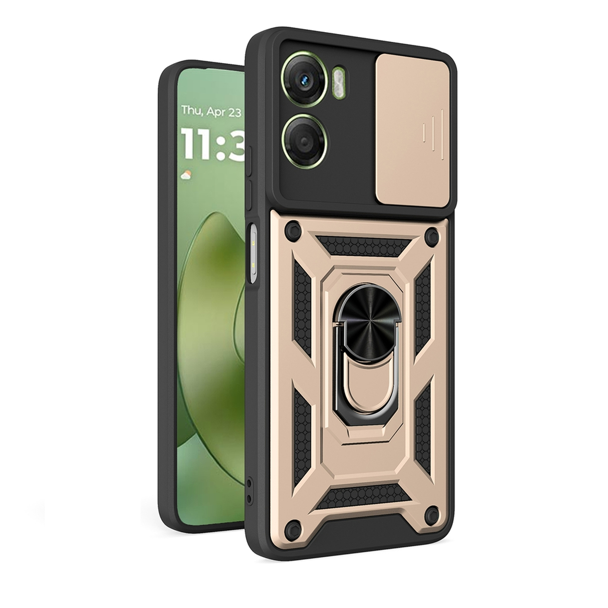 Een telefoon in een goud-zwarte case. De case heeft een ringhouder en een camerahoes. Het scherm toont de datum en tijd.