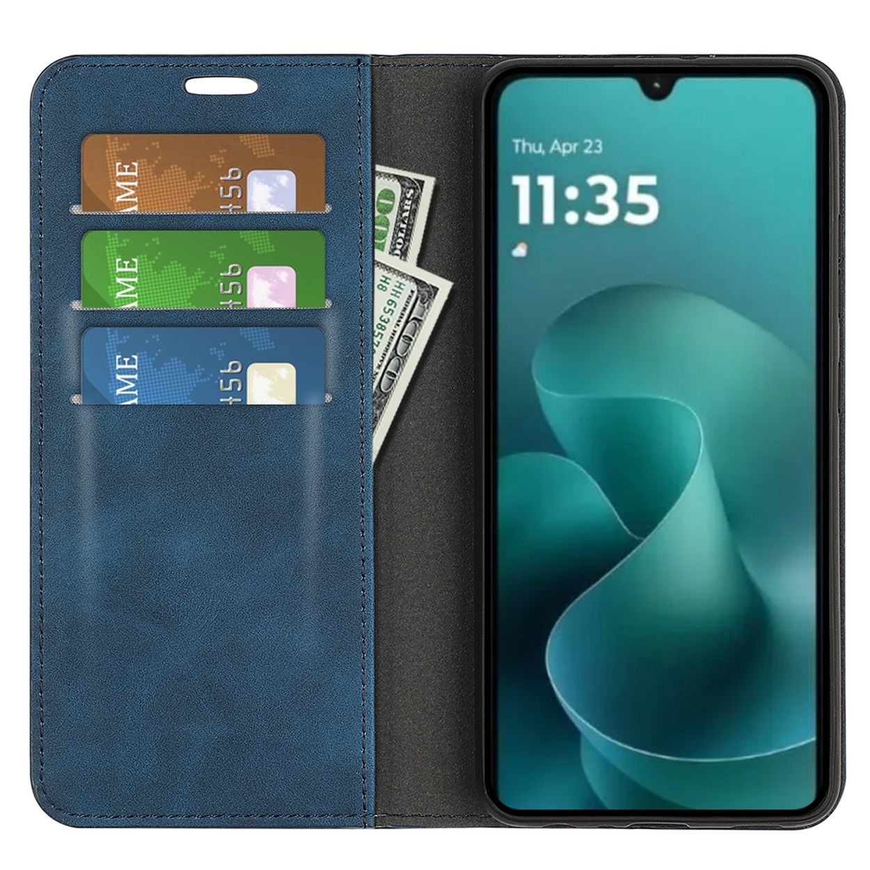 Open telefoonhoesje met een telefoon die de tijd weergeeft, drie creditcards en een dollarbiljet. De hoes is blauw.