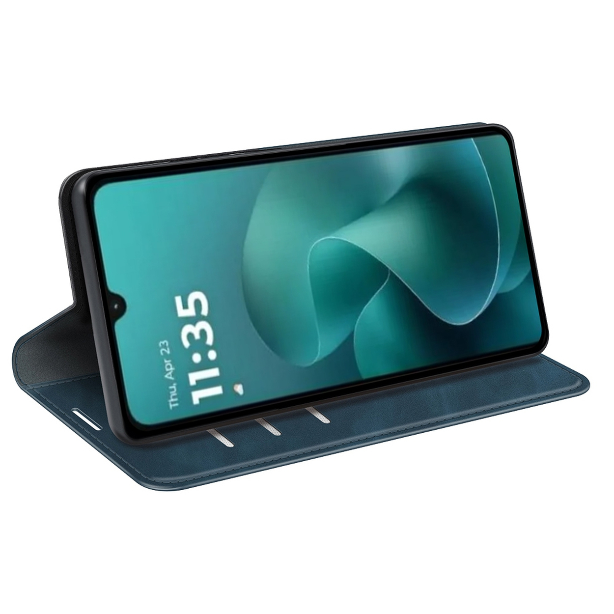 Een smartphone in een blauwe hoes toont 11:35 op het scherm. De hoes is open en gekanteld om te bekijken.