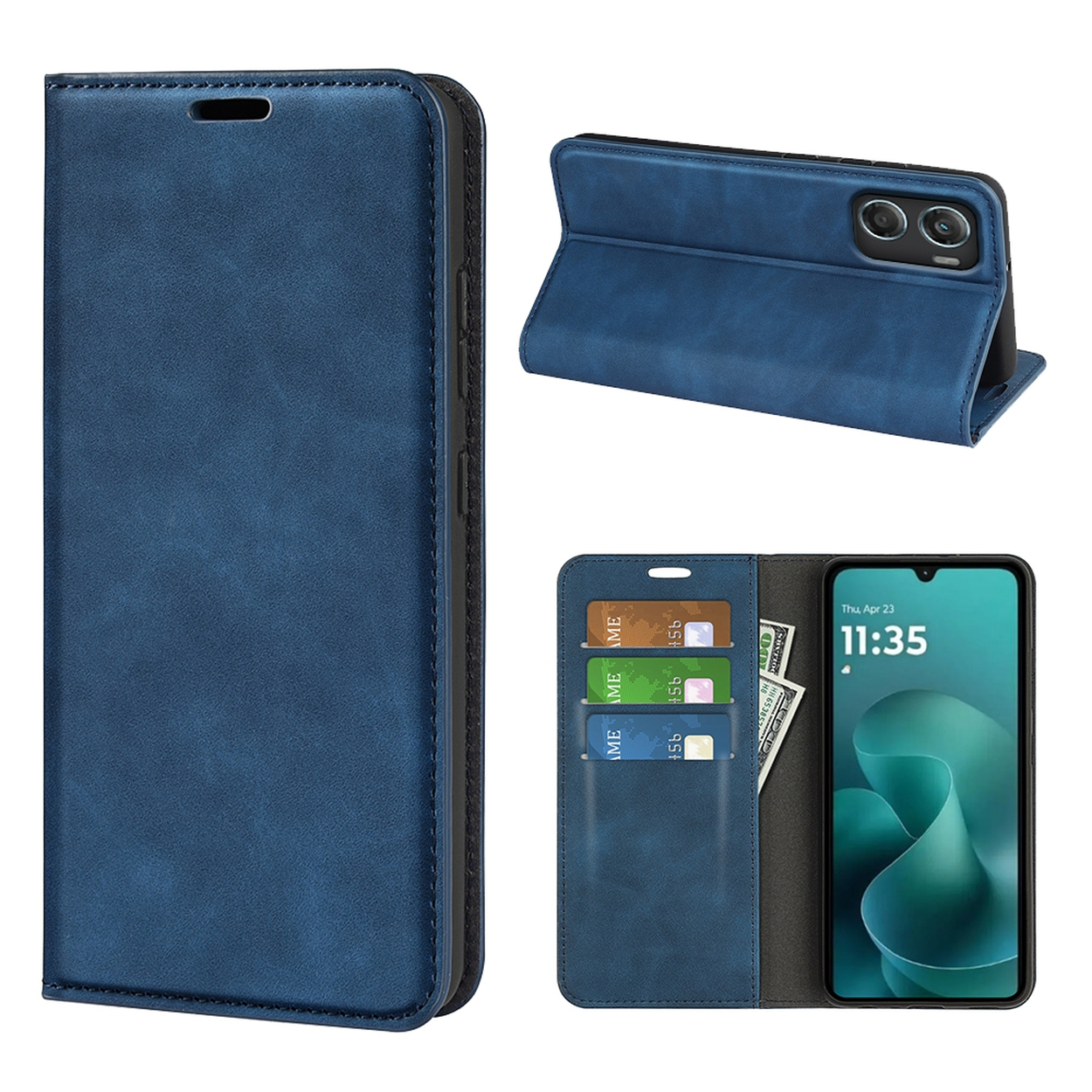 Een blauwe telefoonhoes wordt in drie verschillende posities getoond. De hoes heeft kaartsleuven en een telefoon met een groen display.